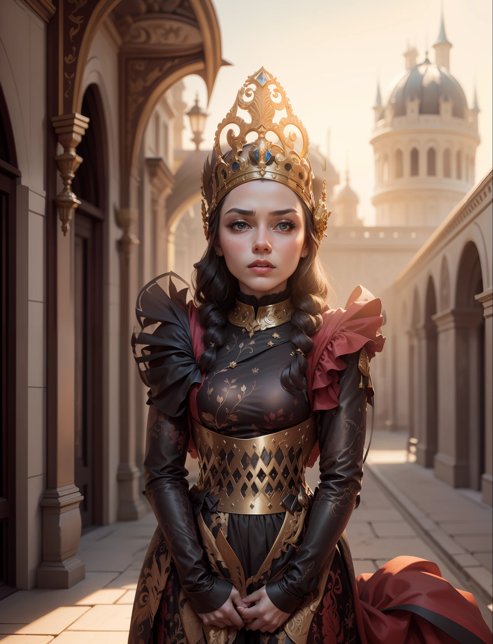 make a very beautiful queen, tough, with a very magnificent palace background, blurred background, fantasy, photography, portrait, ultrarealistic, hyper realistic, hyper detail, 4k, 8k