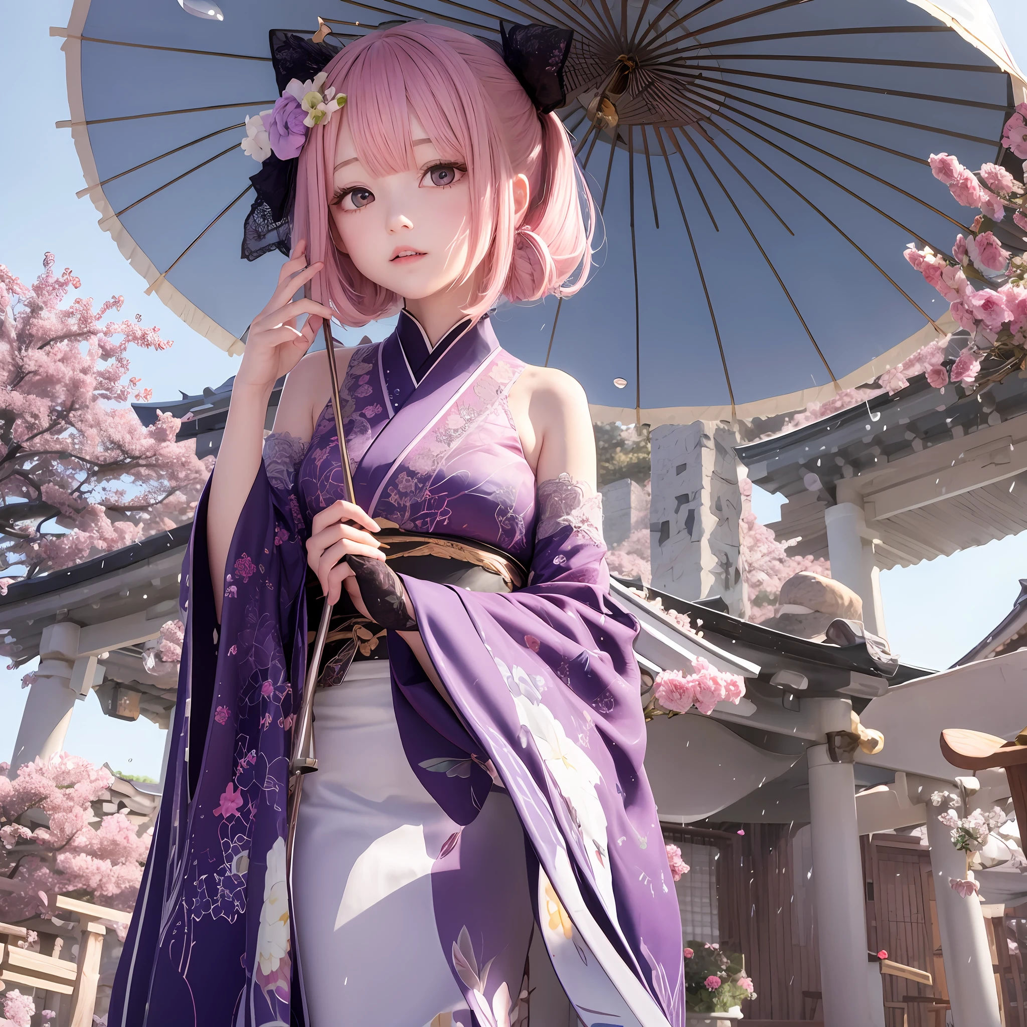 The upper part of the body、女の子1人、A pink-haired、Bun hair、mansion、Purple Eye、Gorgeous lace kimono、off shoulders、Holding a parasol、Japan anime-style odd-eye, rain falling