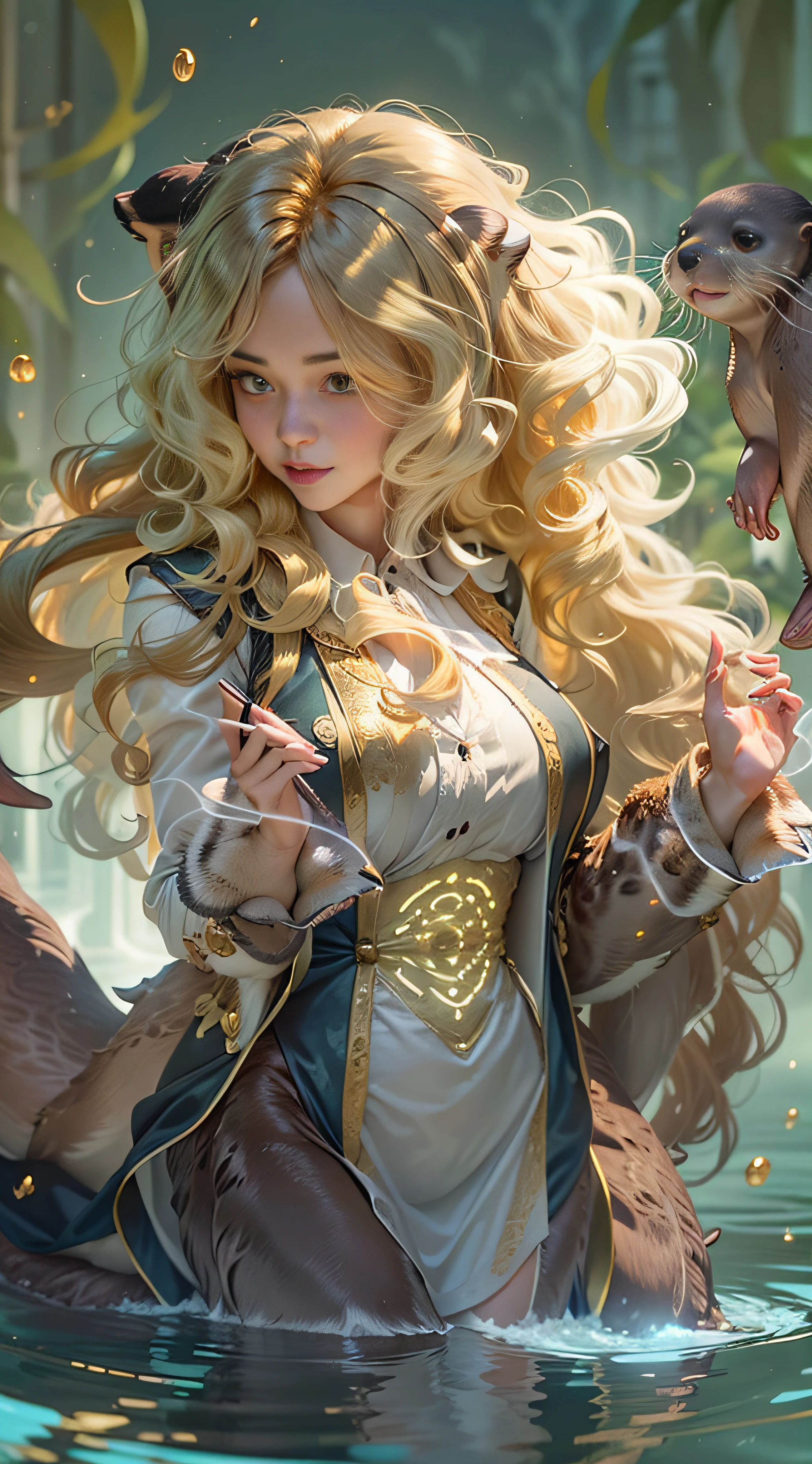 jovial young woman with (wavy glowing golden hair:1.4) and hazel eyes, (a ghostly otter floating nearby:1.6), wearing opulent vestments, standing amidst a chaotic background