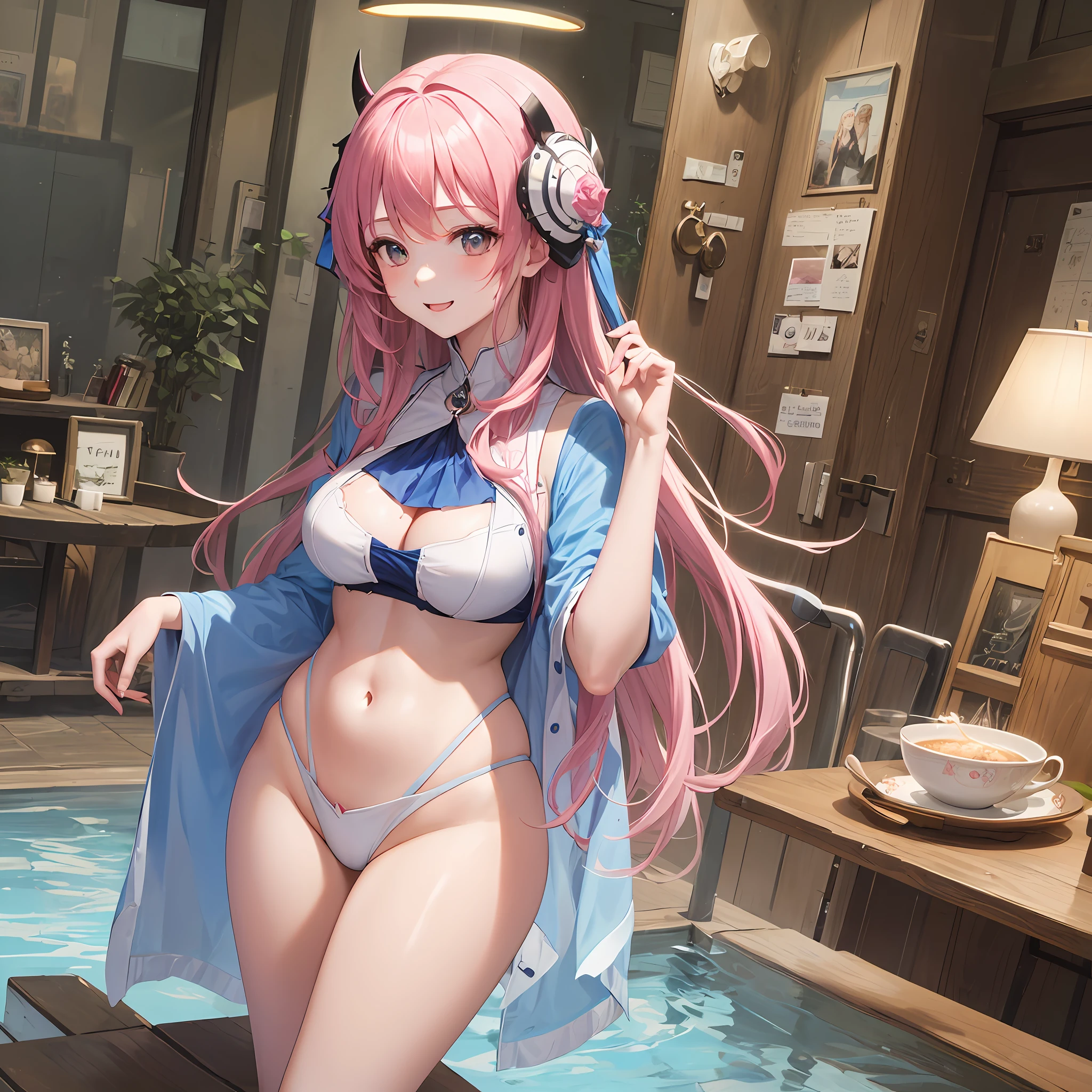 ((masterpiece、top-quality))、(1人)、((s girl))、pale pink hair、The halo、horn、(onepiece))、bangss、mideum breasts、(peitos fartos)、Slimed、a smile、【wide-hips】、cafes、Standing、a\(blue archive) --auto