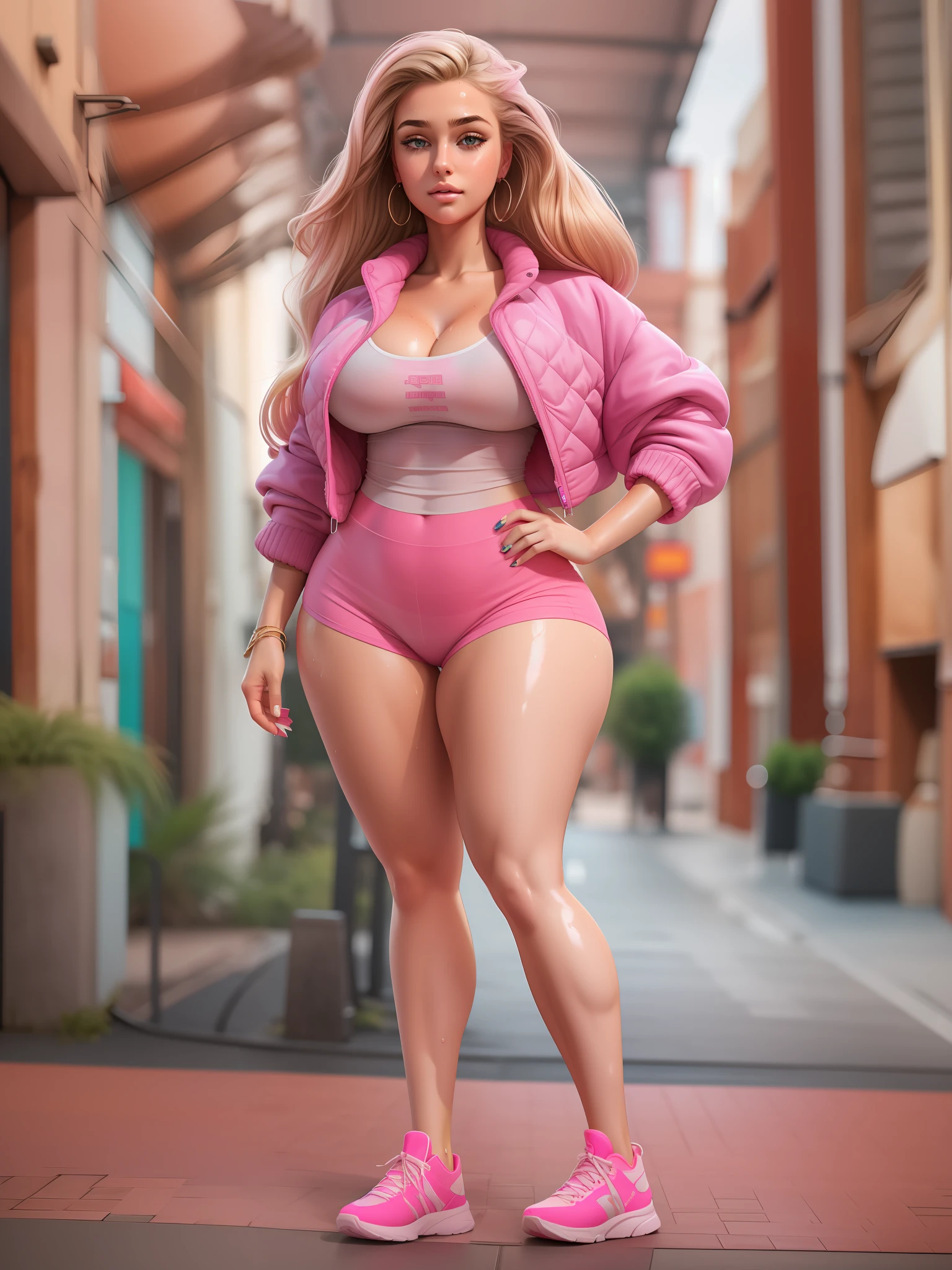 stw, 1 european girl, beaulty, realistic skin, huge breasts, sweet, BLONDE hair, candies on breasts, look camera, side person, wide hips, very wide hips,thick legs ,shorts legging, sweat body, voluptuous, SoakingWetClothes, perfect edgHapa_body