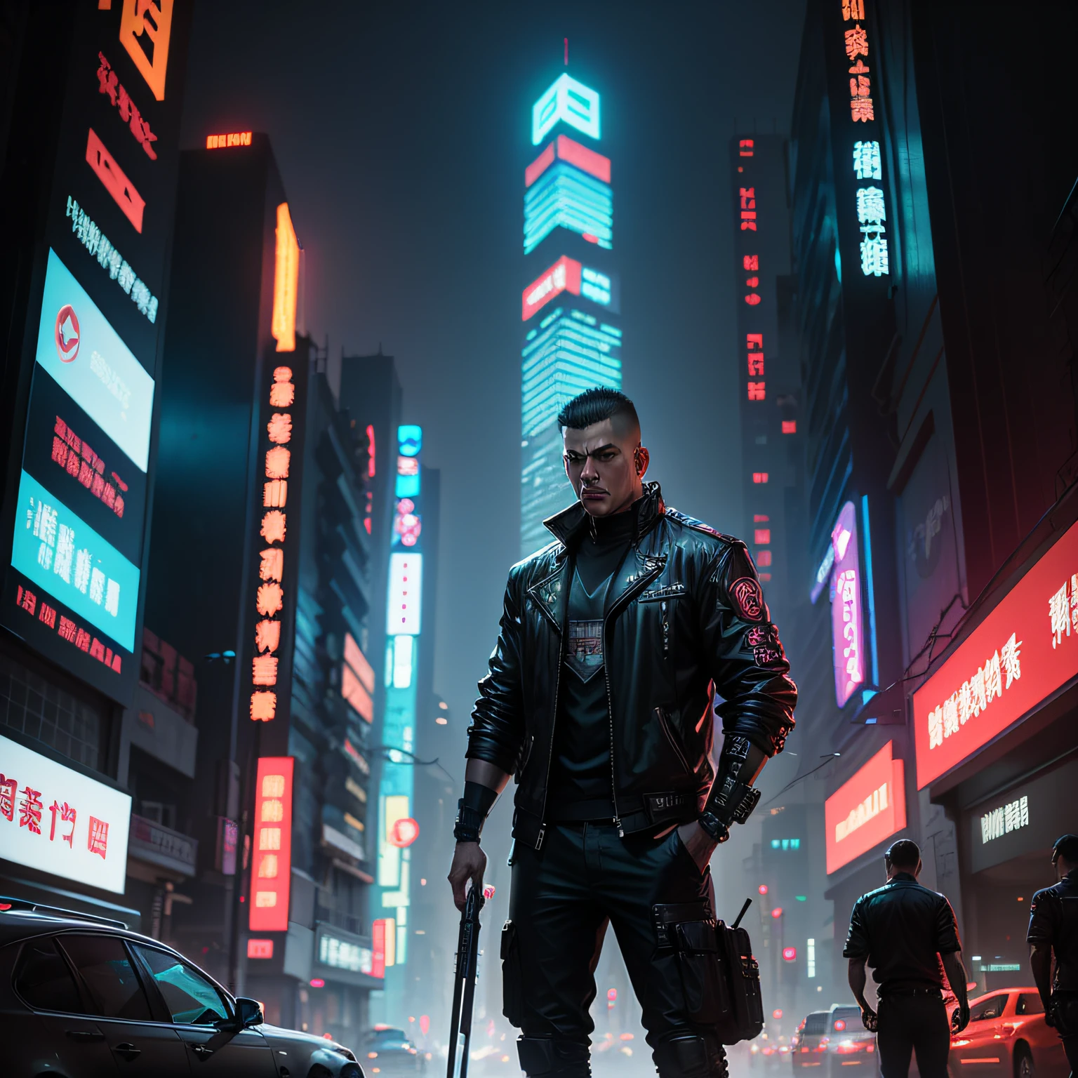 A cyberpunk man standing under the cyberpunk style of Chongqing City，Back Shadow，Turn your head instantly，Armed with a baseball bat --auto