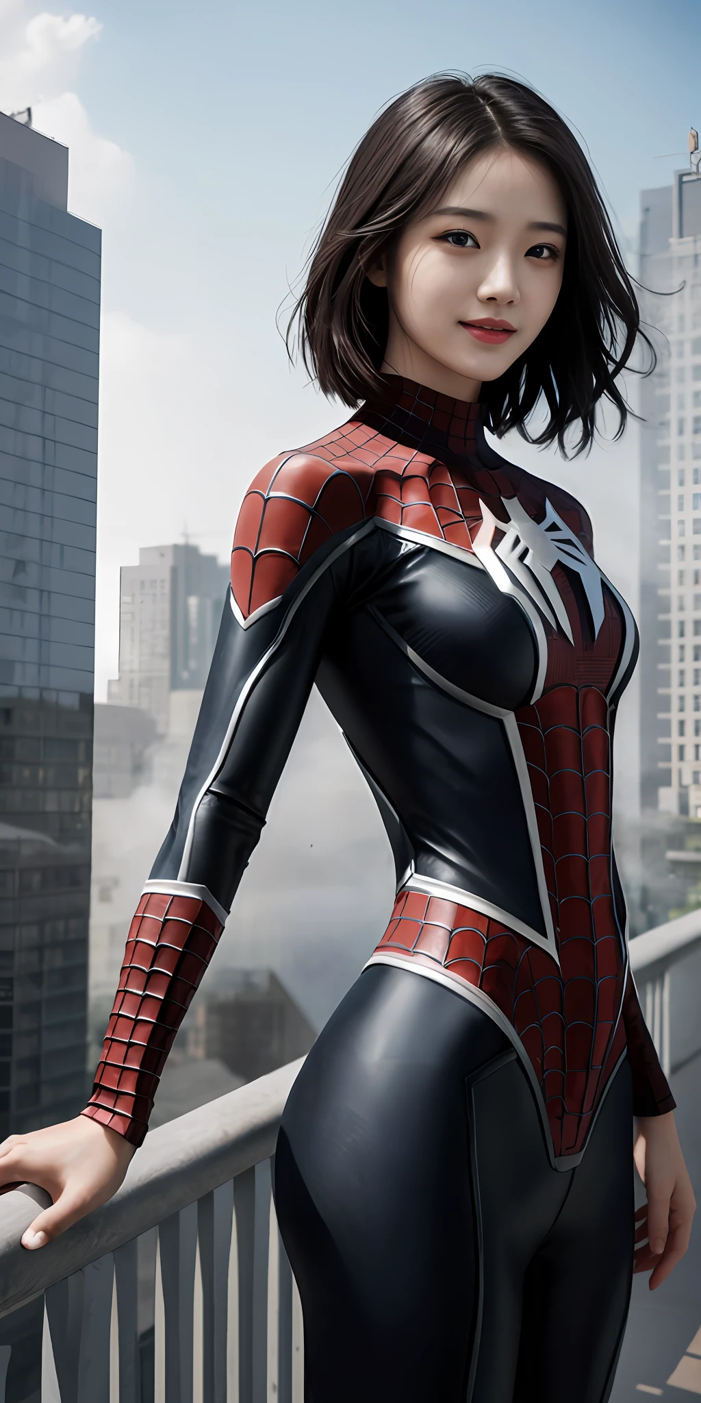 ChineseGirl(1girll:1.3), (holding a gun:1.8),byself, (((very vey very detailed face))),(((very detailed eyes and faces))),(Smiling and cold:1.2),Revenge emoticon,short detailed hair(black in color:1.3),beatiful detailed eyes,Body parts__,offcial art,Unified 8k wallpaper,ultra-detailliert,Beautiful and beautiful,big breasts beautiful,tmasterpiece,best qualtiy,primitive,tmasterpiece,ultra fine photos,best qualtiy,超高分辨率,photorealistic realism,rays of sunshine(The background is sunlight),full-body portraits(Raised sexy:1.3),stunningly beautiful,dynamicposes,delicated face,Vibrant eyes,(From the front side), she is in a spider-man suit(Spider pattern:1.2),Red and black color scheme,Very detailed city roof background, Roof,looking over city,详细的脸(Side lighting:1.2),detailed complex busy background,opulent,milkyW,(((Absolutely perfect body proportions))),highly detailedskin,Realistic details of skin,Visible pores,Clear focus,volume fog,Rained,Drenched,8K UHD,digital SLR camera,high qulity,filmgrain,White skin of the(Delicate and smooth:1.2),photorealestic,photo-realism,heroism,(Full body appearance:1.3)