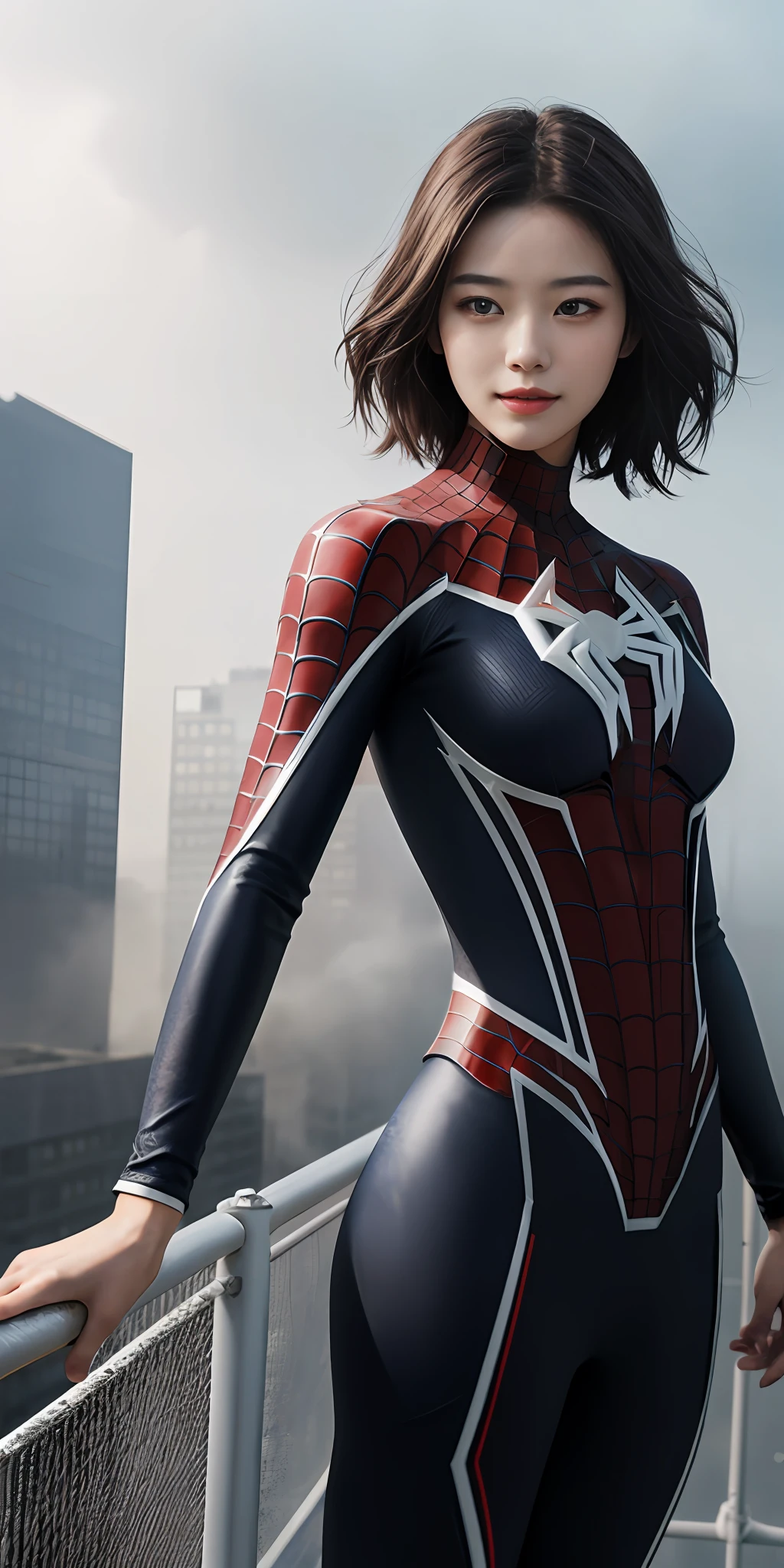 ChineseGirl（1girll：1.3）， （holding a gun：1.8），byself， （（（very vey very detailed face））），（（（very detailed eyes and faces））），（Smiling and cold：1.2），Revenge emoticon，short detailed hair（black in color：1.3），beatiful detailed eyes，Body parts__，offcial art，Unified 8k wallpaper，ultra-detailliert，Beautiful and beautiful，big breasts beautiful，tmasterpiece，best qualtiy，primitive，tmasterpiece，ultra fine photos，best qualtiy，超高分辨率，photorealistic realism，rays of sunshine（The background is sunlight），full-body portraits（Raised sexy：1.3），stunningly beautiful，dynamicposes，delicated face，Vibrant eyes，（From the front side）， she is in a spider-man suit（Spider pattern：1.2），Red and black color scheme，Very detailed city roof background， Roof，looking over city，详细的脸（Side lighting：1.2），detailed complex busy background，opulent，milkyW，（（（Absolutely perfect body proportions））），highly detailedskin，Realistic details of skin，Visible pores，Clear focus，volume fog，Rained，Drenched，8K  UHD，digital SLR camera，high qulity，filmgrain，White skin of the（Delicate and smooth：1.2），photorealestic，photo-realism，heroism，（Full body appearance：1.3）