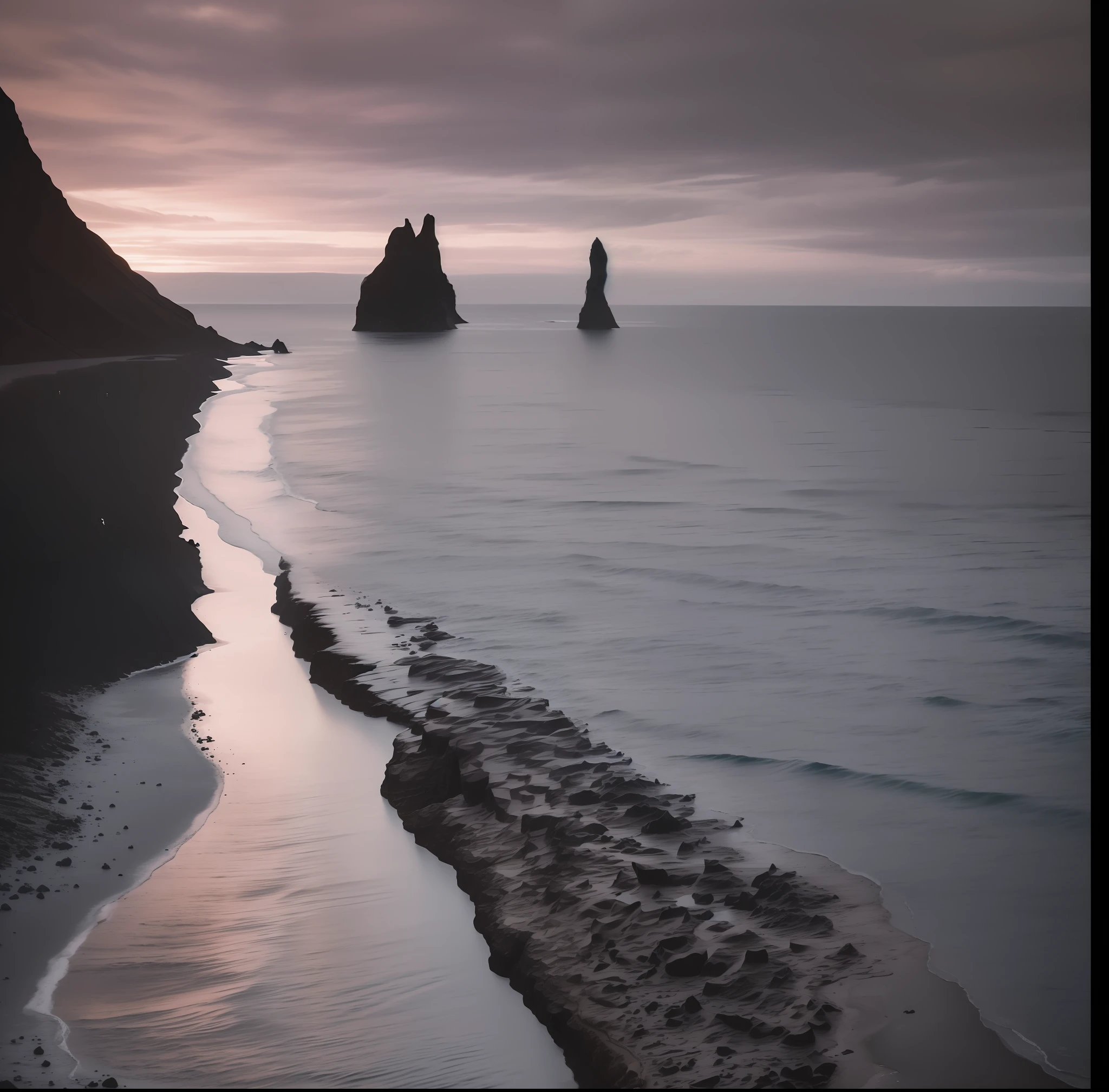 There is a black sand beach and black rock formations, iceland photography, iceland, beautiful dark beach landscape, Black sand, shot from drone, the mountains and the sea, iceland landscape photography, iceland landscape, shot from drone, unsplash contest winning photo, shot on iphone, the photo was taken from afar, mountains and oceans, There are jagged rocks and creepy