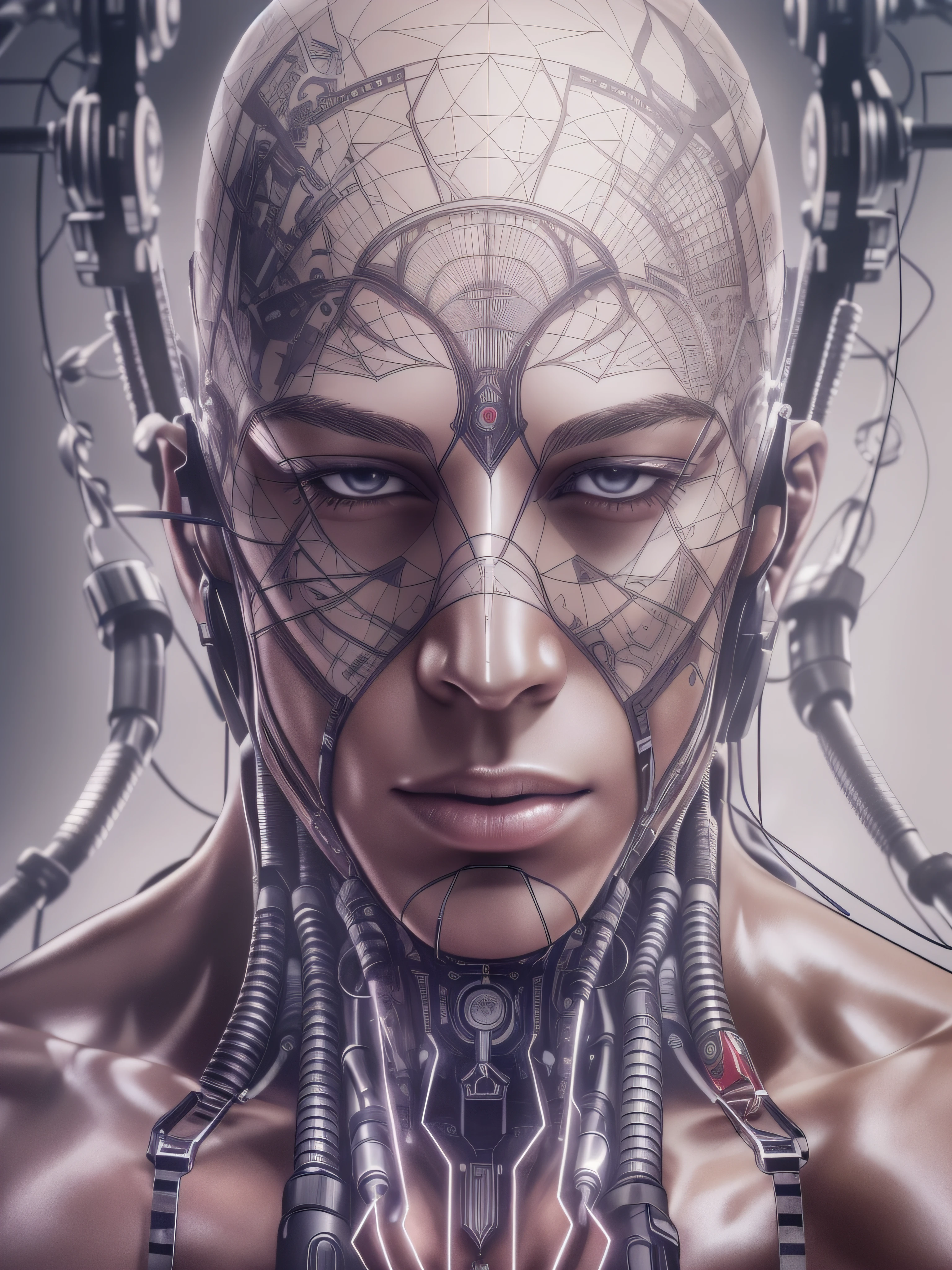 (The art of leading technology,1.4),Ahead of the curve,(Electronic systems: overhead humanoid robots,Naked muscular masculinity:1.2),(tmasterpiece,best qualityer,Official fine art, Aesthetics:1.2),(Hyper-detailing),((see-through thong:1.2))((Biopunk,Cyborg man:1.1))((various old tvs in the background:1.1))finely detailled,Most Best Illustration,hand-drawn high quality,(scybernetic,hight contrast),(Have a detailed brain that you can see:1.3),(Artistically),Line drawing,(Complex lines),Clear lines,s fractal art,Brush strokes,ukiyo-style,(nakeness,Muscular macho,full-body portraits,see-through thong,Extreme closeup:1.1),(Muscular macho,Skin tone transparent tweezers:1.1)(,With a delicate heart that can be seen:1.1),The perfect facial features of a supermodel,whole body show(muscles cable wires:1.2),Large scene composition,Perfect pectorals and abs,Mysterious night,Extremely provocative and sexy(Add details),(detailedbackground:1.2),(|cyber punk perssonage,core,),A high resolution,extremy detailed((Realistic skin,Ultra-artistic,I only wore a pair of transparent thongs with a skin tone,The internal structure is faintly visible:1.2))((whole body display,Extreme detail:1.2))(Canon M50|100mm|sharp fokus |Gently|ultra-realistic realism |The is very detailed|intricately details |blood vessel :1.2)