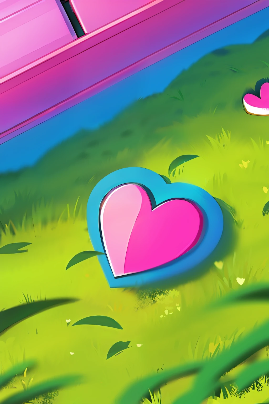 Disney animation-grade 8K detail，Pink vibe，Sweet love，simplistic design，love heart，heartbeat，wonderland，grass field，blue-sky。