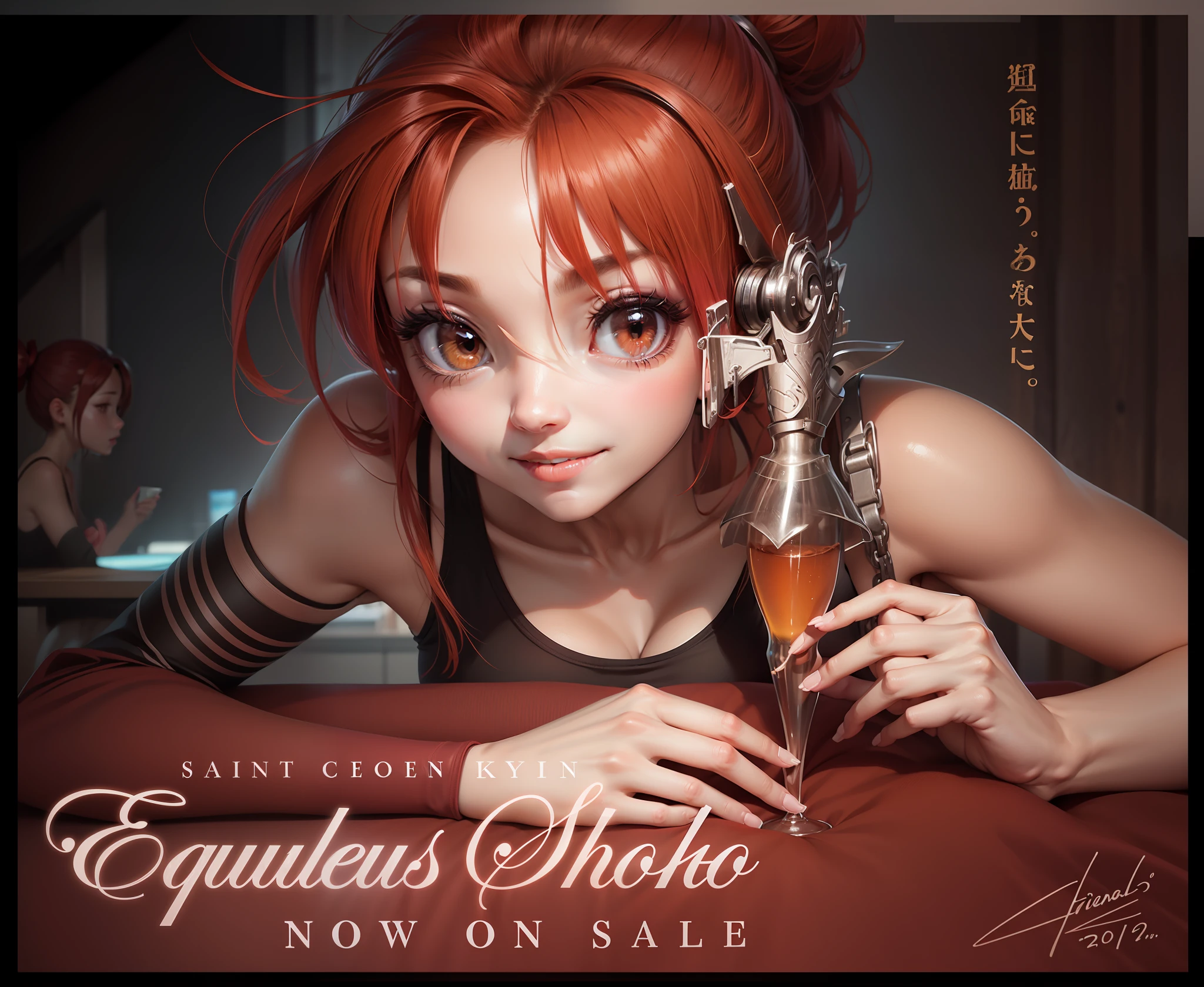 1girl、teens girl、a beauty girl、Handsome、middle school girl、breasts、lagre_breasts、big_breasts、black_tank_top、bare_shoulders、rating:safe、solo、smile、dated、red_hair、ponytail、short_ponytail、brown_eyes、blurry、hair_ribbon、looking_at_viewer、depth_of_field、brown_eyes、sitting、close_up、bang、zoom_layer、fingernails、collarbone、bangs、cleavage、kneel down、
