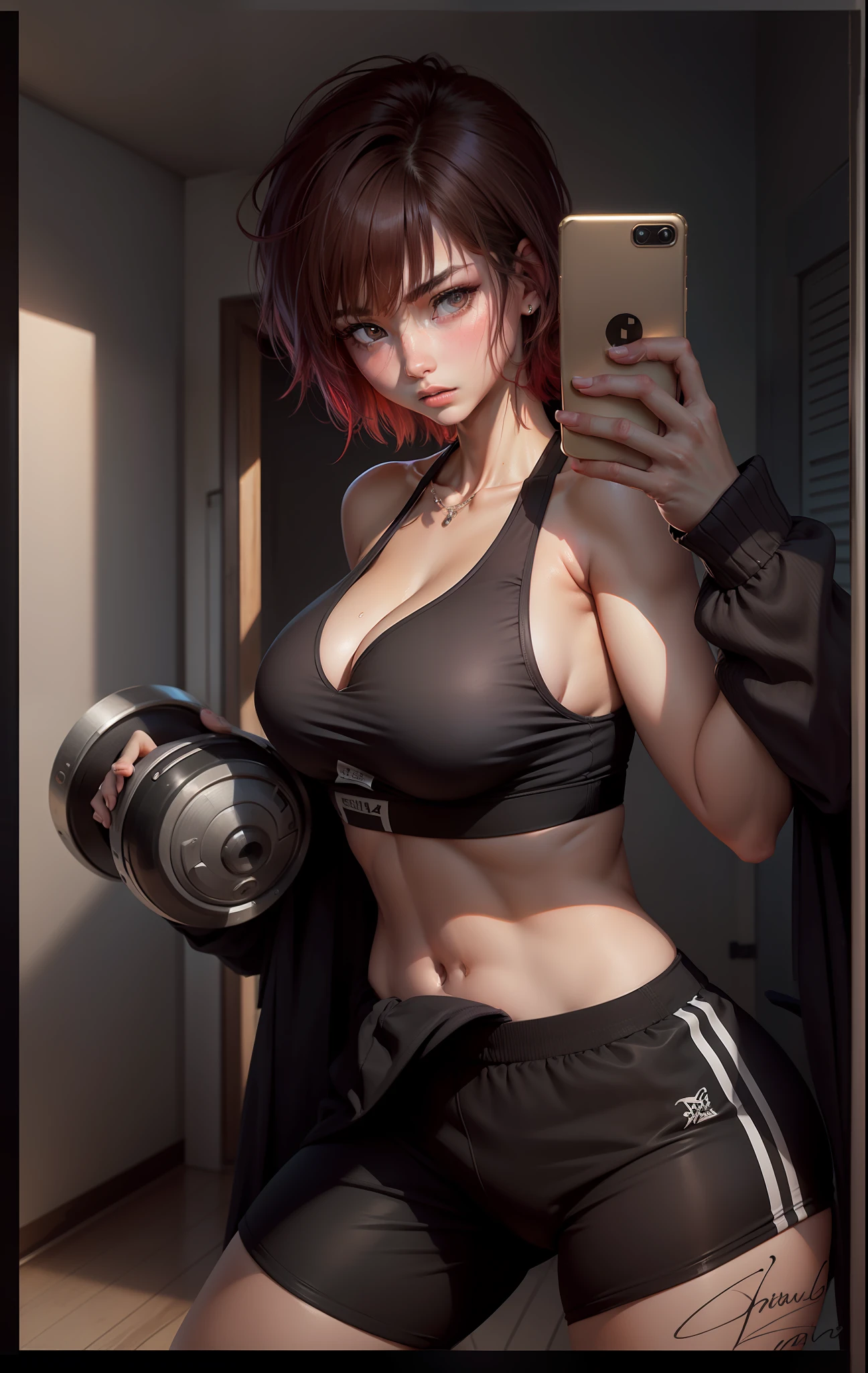 1girl、s girl、a beauty girl、Handsome、female high-school student、rating:safe、breasts、navel、solo、Sportsbra、black_Sportsbra、croptop、short_spats、black_shortspats、cleavage、large_breasts、big_breasts、red_hair、short_hair、clothes_around_waist、midriff、signature、stomach、sweat、brown_eyes、hair_between_eyes、bangs、looking_at_viewer、closed_mouth、standing、bare_shoulders、collarbone、cowboy_shot、self_shot