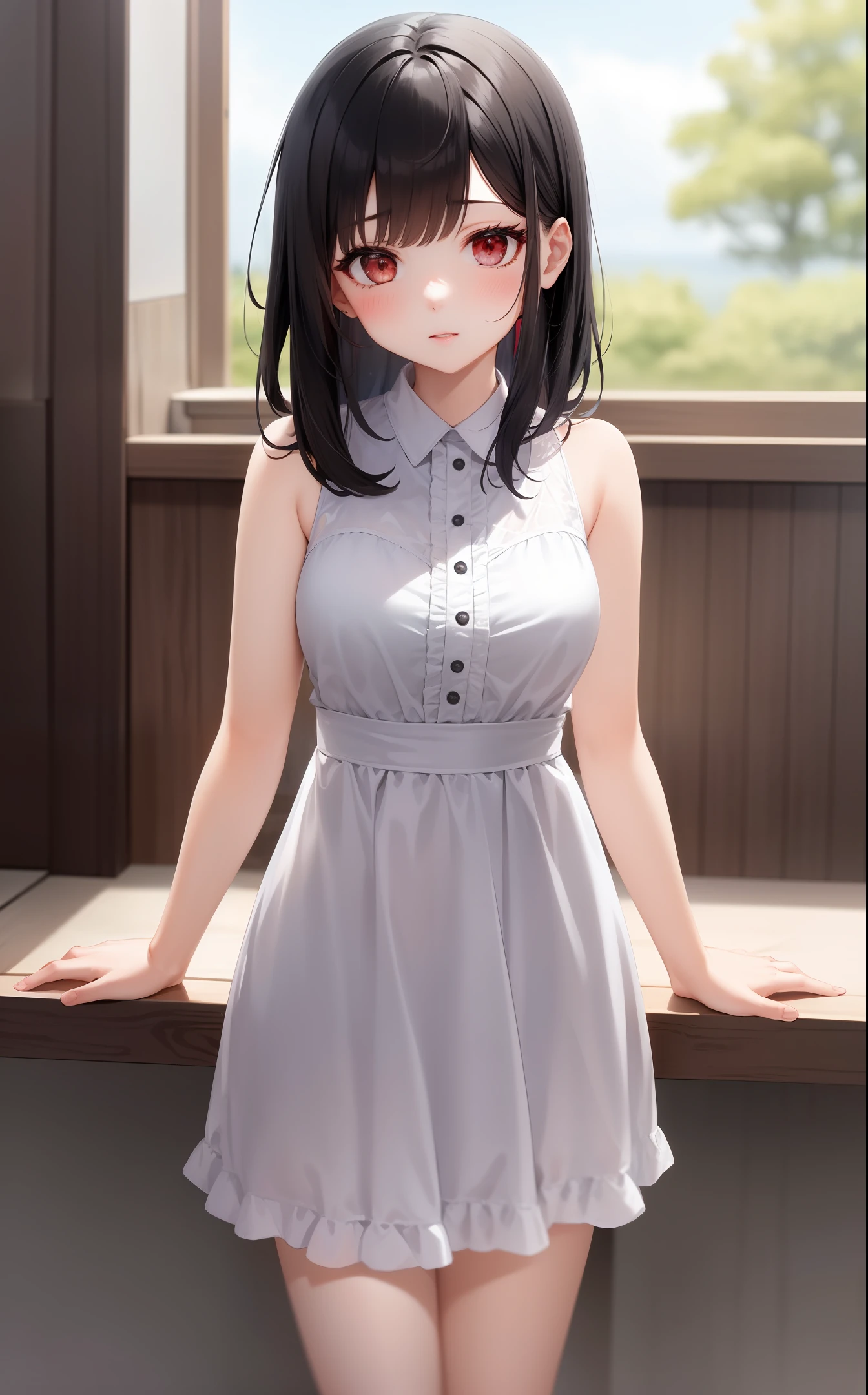 Girl with black hair and red eyes in white dress, Portrait of an idol girl, Idol girl, Portrait of a cute idol girl,Dark hair、Yol Brier、Kaguya-sama