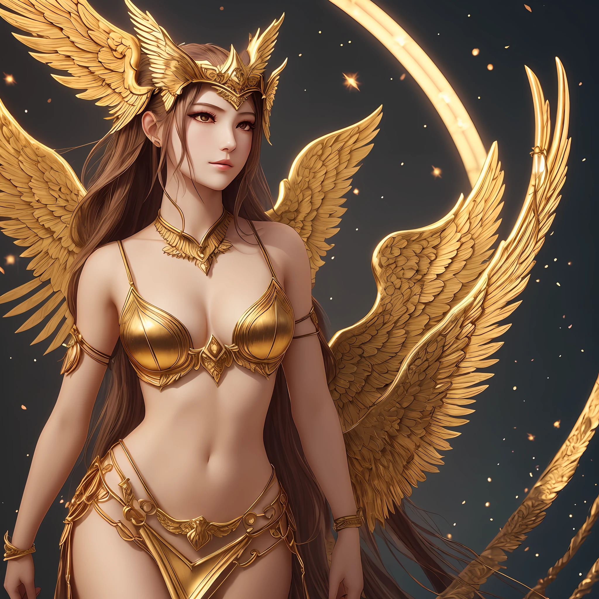 Valhalla's beautiful maiden Valkyrie，She has golden wings，Dressed in white。Embroidered with gold wire。full bodyesbian。Delicate faces。The lighting effects are soft，a warm color palette。 --auto