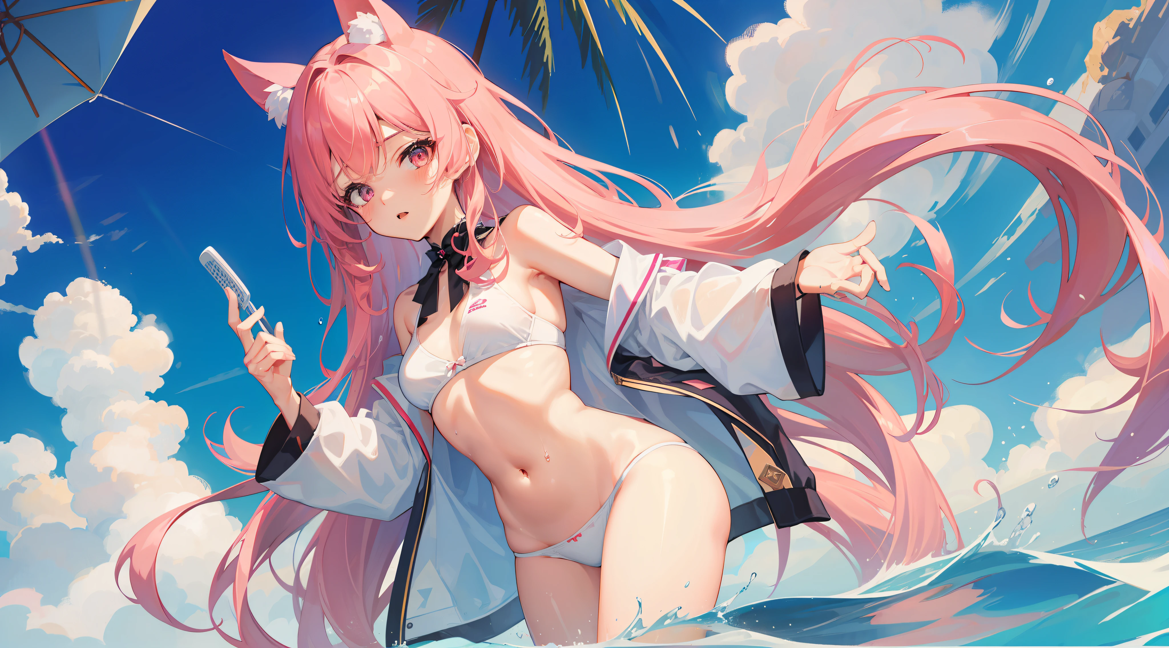 16k, hyper HD, retinas, Masterpiece, ccurate, Anatomically correct, High details, Best quality, High quality, A high resolution，Pink hair，maidennurse，swim wears，比基尼，no clothes are worn，In the daytime，long whitr hair，Hair tied on both sides，Wet hair，mideum breasts，taking a shower，Brilliant，opulent，first person，illustration，quadratic element，Exposed undergarment，White knee-length socks，Exposed panties，Bare chest，Open navel，big assa，cropped shoulders，white  panties，cosplay，Asia face，16 yaers old，s girl，beg