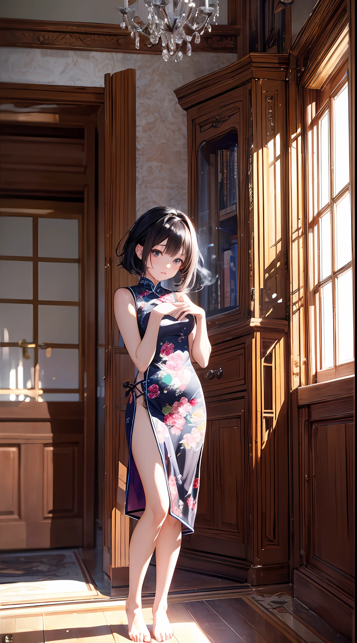 1girl in, (((shorth hair))), Bright cheongsam,(masterpiece, top-quality, Near and far law, depth of fields:1.5), beautiful expression, 8K, Raw foto, nffsw, Photorealsitic, film grains, chromatic abberation, hight resolution, ultra-detailliert, finely detail, 动态照明, Dramatic Lighting、shadowy、extremely detailed eye and face、Round pupils、Beautiful legs、Beautiful feet、Standing、Luxurious room