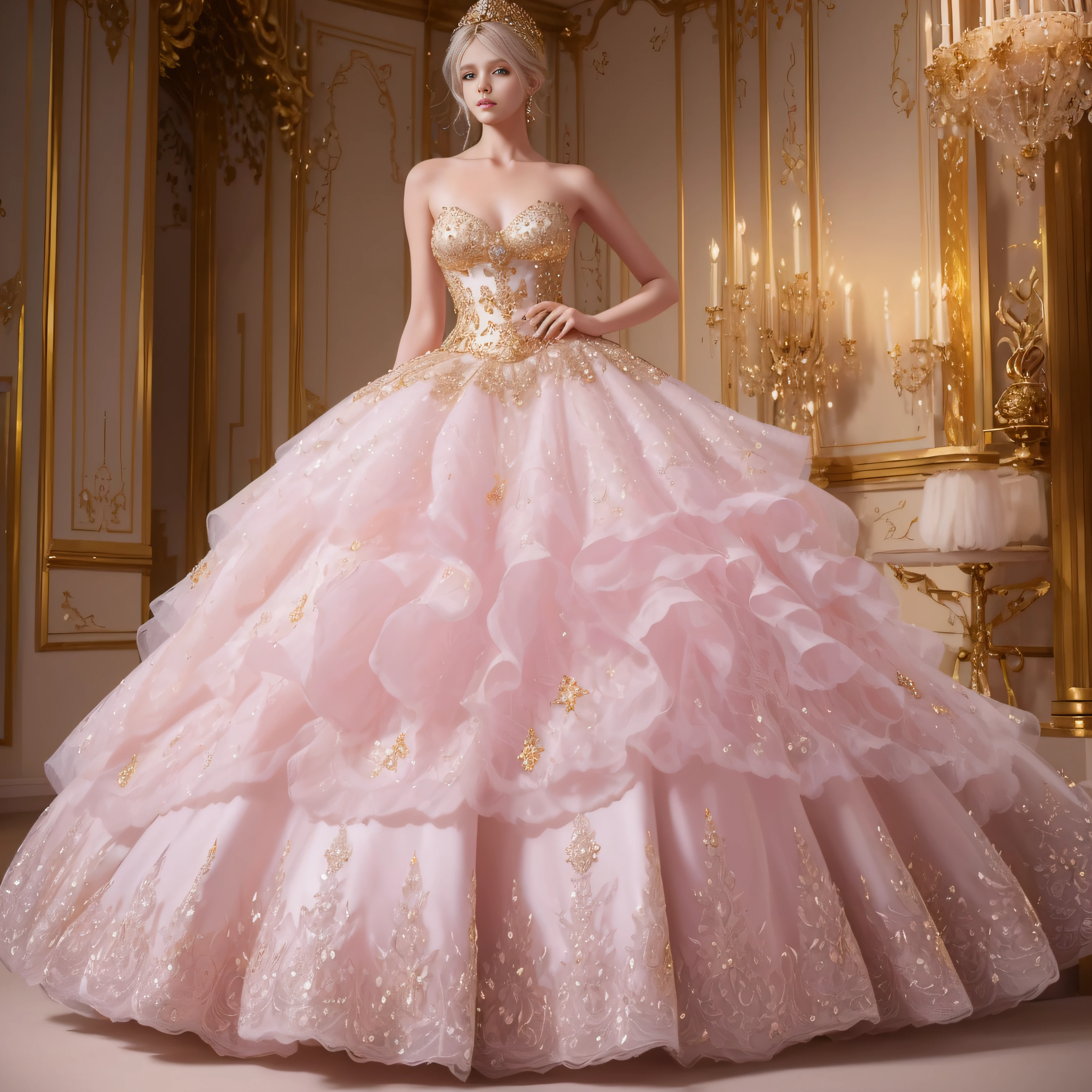 a hyper realistic photograph of a girl standing wearing a majestic light beige and gold ball gown dress, big beautiful dress, intricate puffy ball gown with lots of ruffles and rhinestones (Best quality, masterpiece, ArtStation, Fantasy Art:1.2), a palace room, a beautiful cute girl, (long white hair:1.1), (intricate short gold skirt, bare legs:1.2, full body shot)