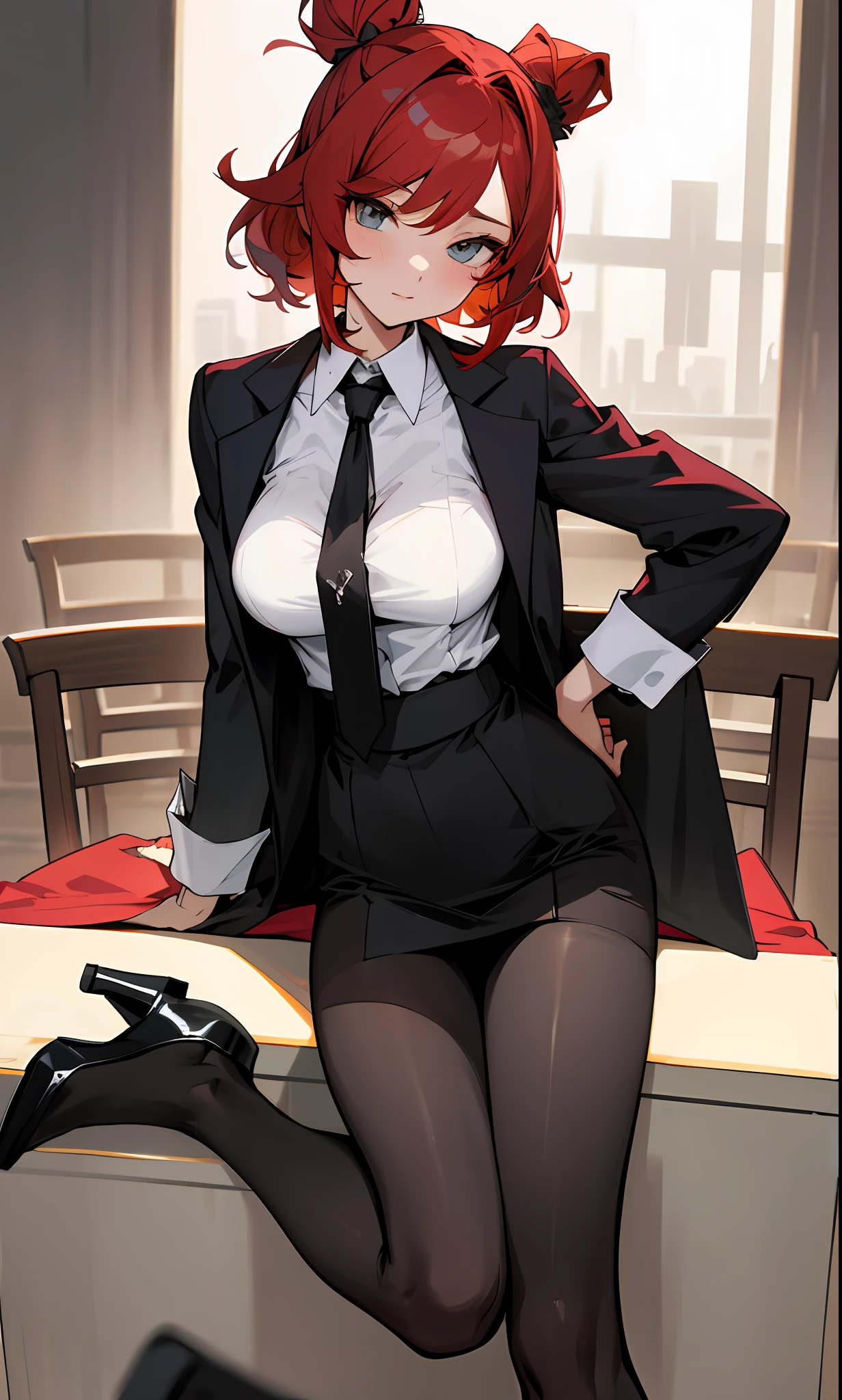 1girll,sitting the desk,Slender legs,black lence stockings,High heels hang down from your toes,Facing the audience,HighestQuali, highly detailed ,Large breasts, Top knot, Medium hair, Crowded breasts,, , Kneel, raunchy,masterwork, HighestQuali, highly detailed、white shirt、black necktie、red hair,with his back to the viewer,Hips facing the viewer,big assa