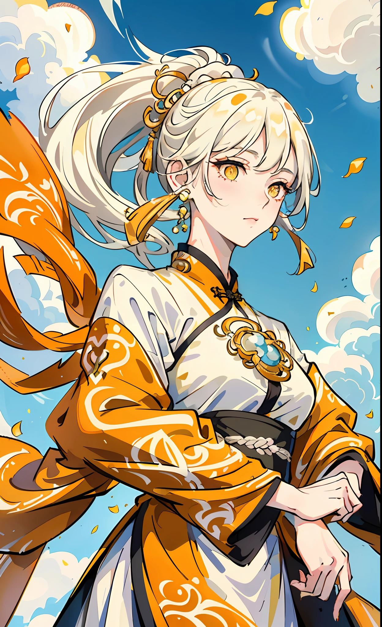 Mature girl, orange pupils, yellow-white hair color, floating hair, delicate and flexible eyes, intricate damask hanfu, luxury accessories, wearing pearl earrings, fov, f/1.8, masterpiece, ancient chinese architecture, blue sky, petals flying, portrait shot in front, Chang'e, side light, sunlight illuminating a person, 8K