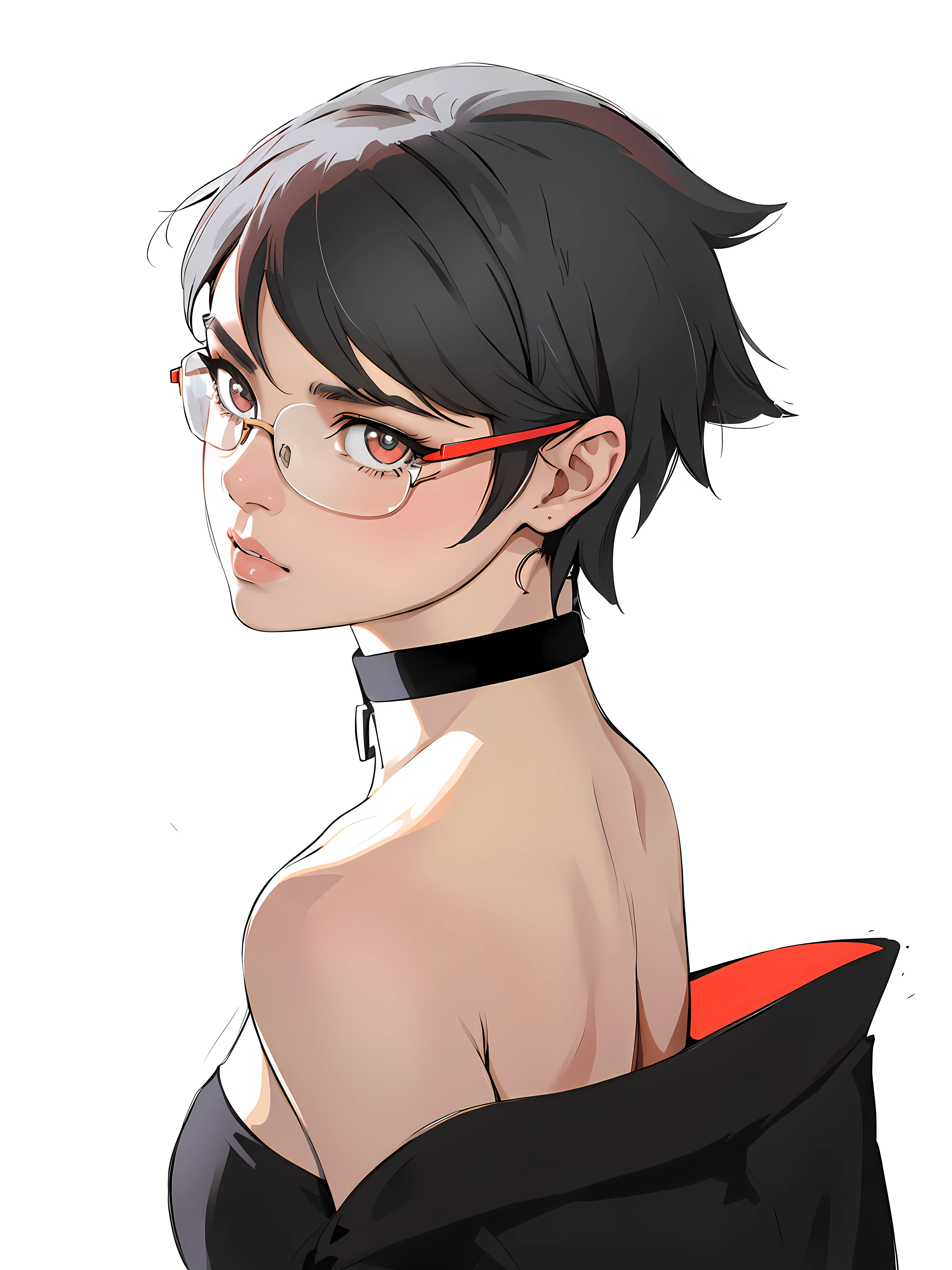 Chica anime de ojos rojos con gafas y un vestido negro, Persona 5 Art Style Wlop, Estilo de arte de persona, Kuvshinov Ilya, 2 b, 2b, Inspirado en Persona 5, full size persona, Estilo anime 2D, Makoto, Artgerm e Ilya Kuvshinov, Atractivo Matoi Ryuko, por Puru, Kuvshinov