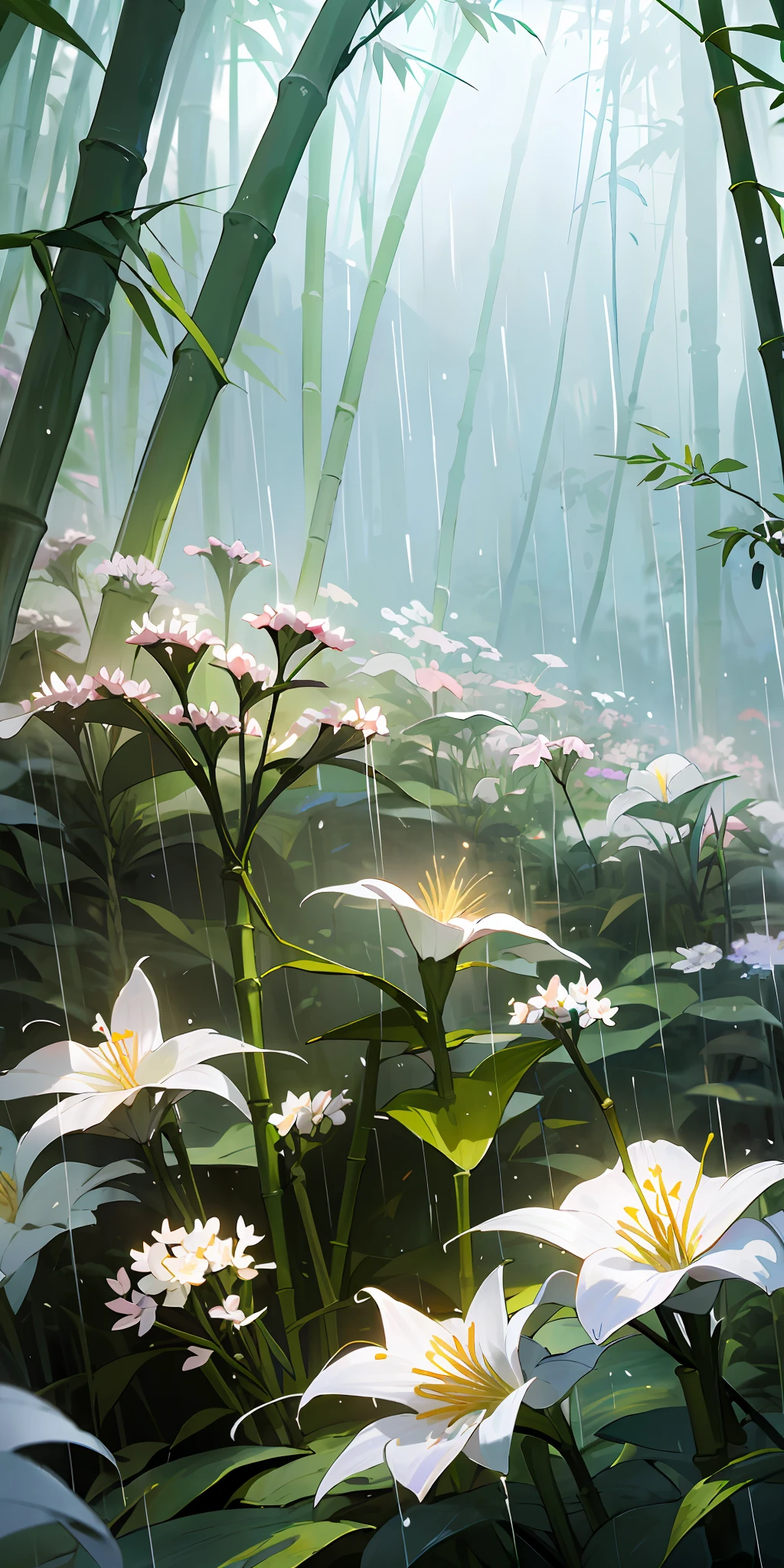 Masterpiece, Best quality, Studio lighting,Vista Peak, Close white wildflower bushes，Cloudy, Small rivers, bamboo forrest, flower  sea,  rain, lighting