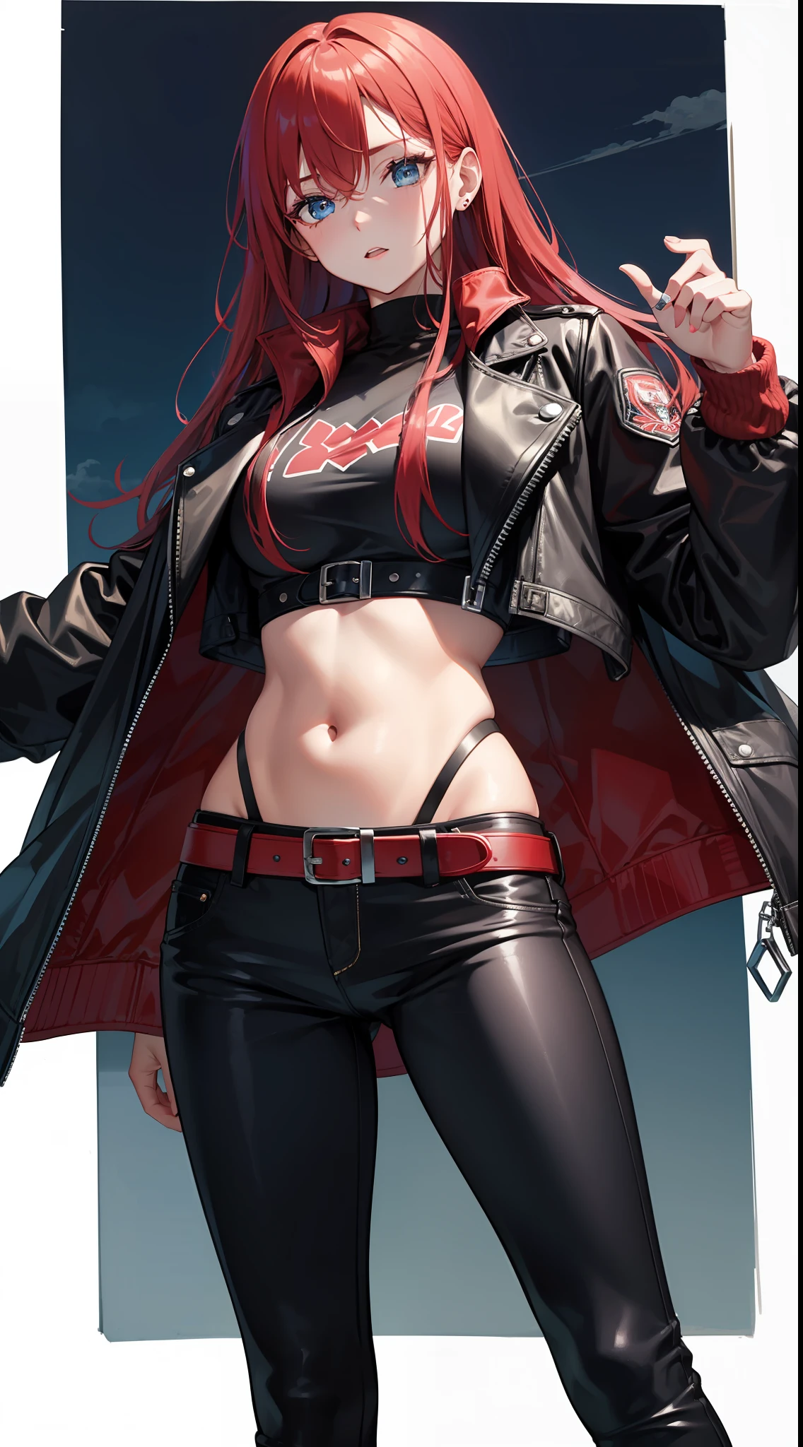 Tall girl, Long red hair, punk, blue eyes, leather blue jacket, red trousers, open belly, bloods, Masterpiece, hiquality