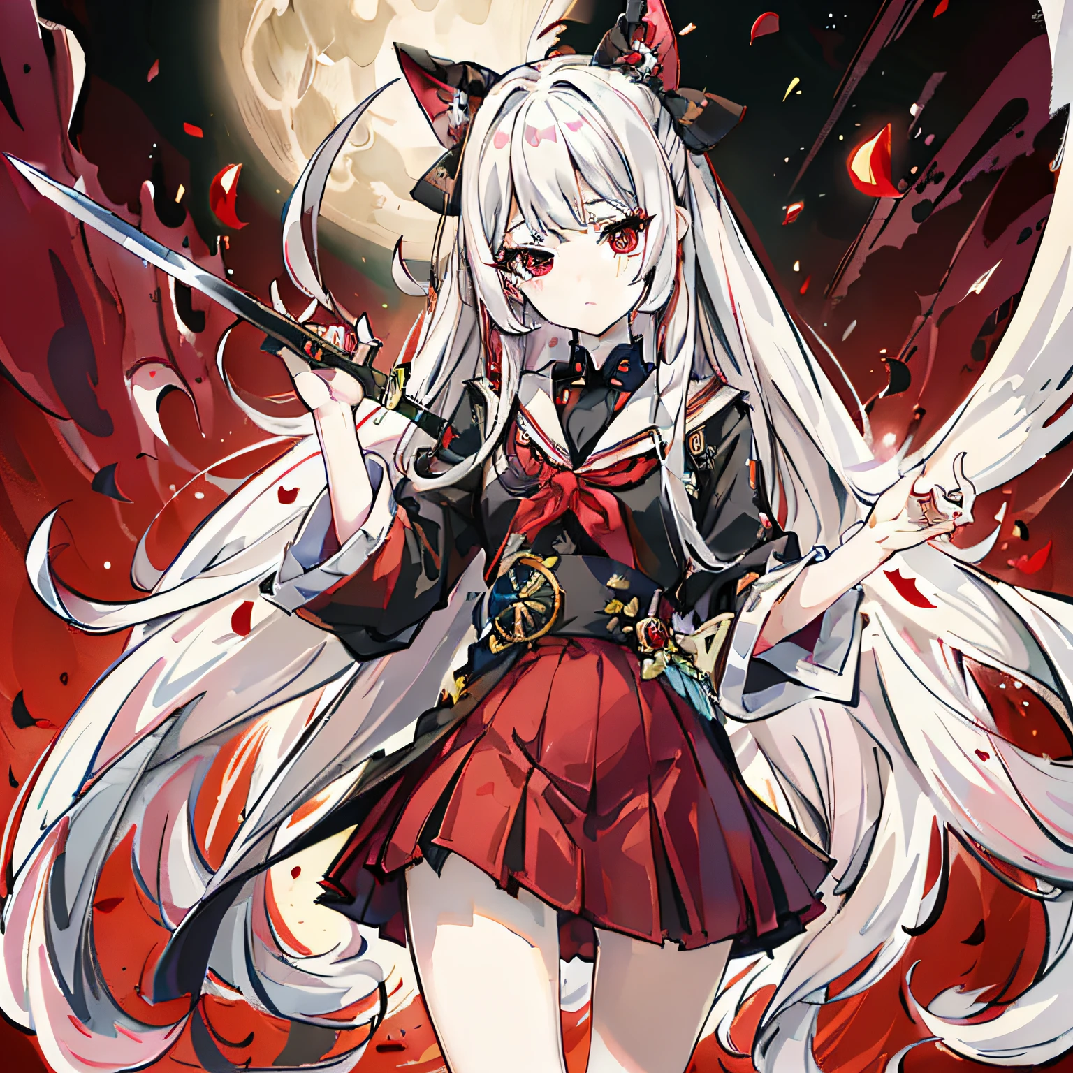 whaite hair, long whitr hair, schoolgirls, red eyes, swordsman, full bodyesbian, Need, tmasterpiece, Standing painting, quadratic element, Colored inner hair, Moles under eyes, Mad eyes