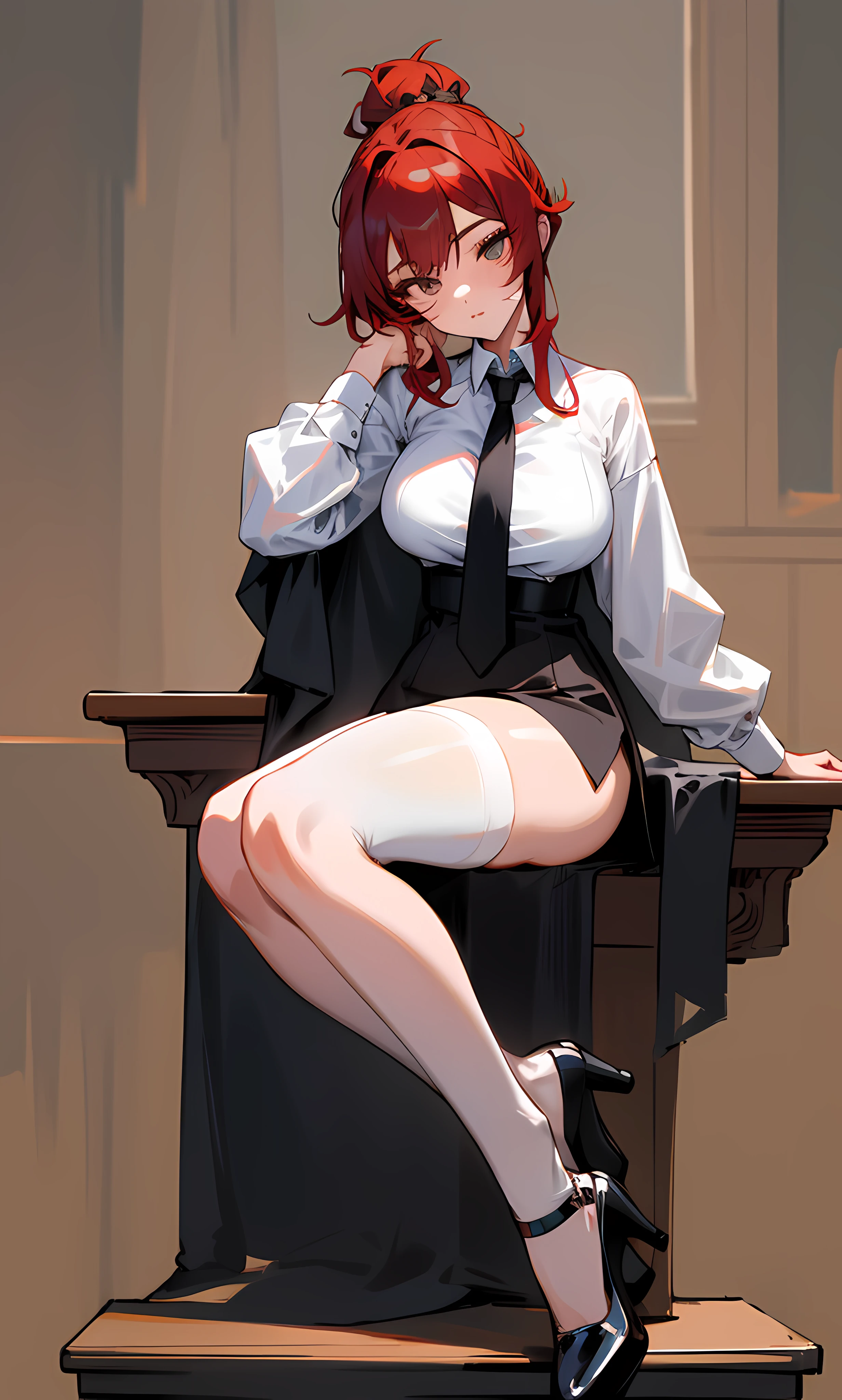1girll，sitting the desk，Slender legs，black lence stockings，High heels hang down from your toes，Facing the audience，HighestQuali, highly  detailed ，Large breasts， Top knot， Medium hair， Crowded breasts，, , Kneel, raunchy,masterwork, HighestQuali, highly  detailed、white  shirt、black necktie、red hair，with his back to the viewer，Hips facing the viewer，big assa