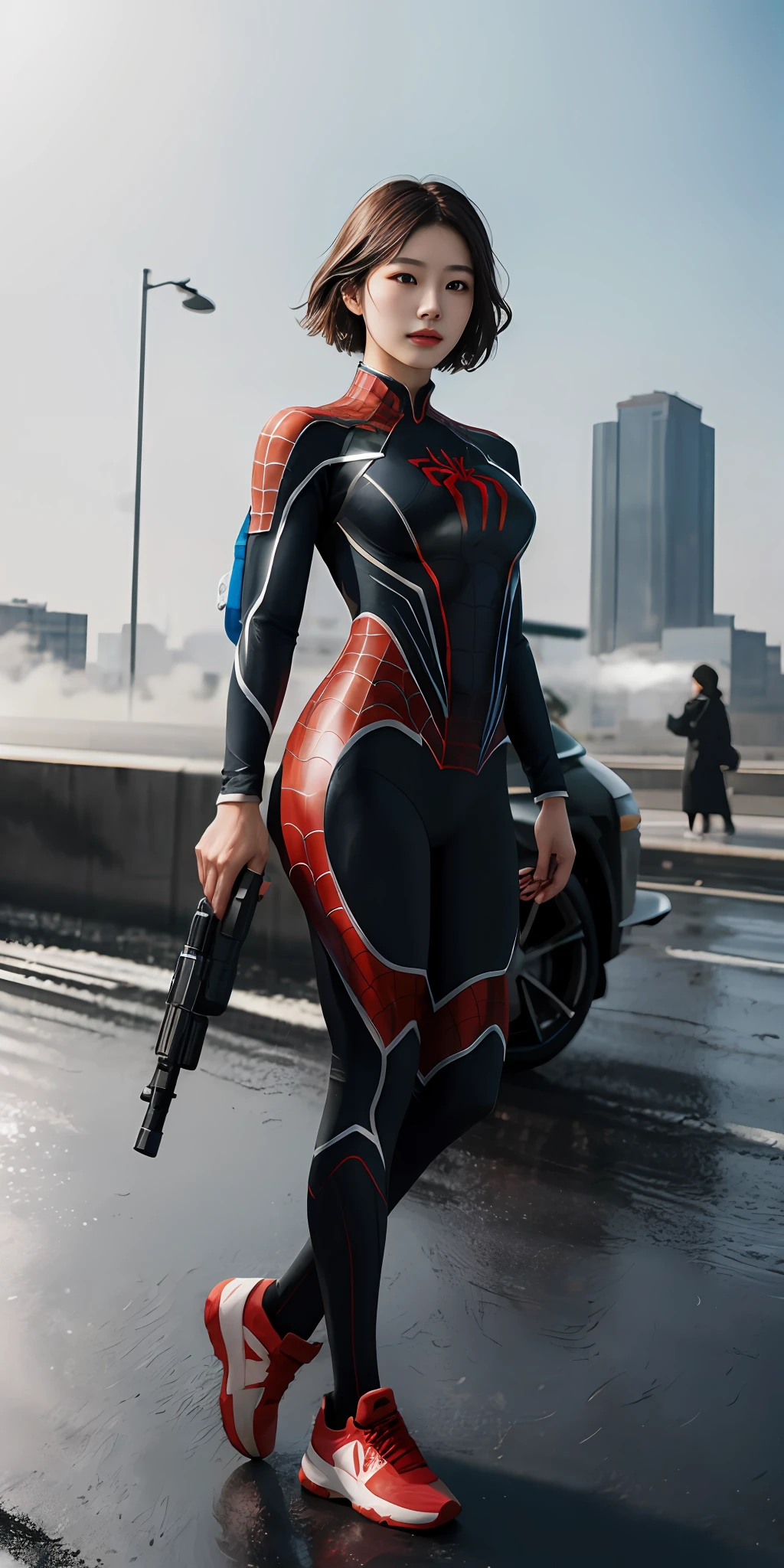 ChineseGirl(1girll:1.3), (holding a gun in her hand:1.8),the gun is complete,byself, (((very vey very detailed face))),(((very detailed eyes and faces))),(Beautiful and cold face:1.2),Revenge emoticon,short detailed hair(black in color:1.3),tightsuit,(Muscle lines are pronounced),beatiful detailed eyes,Body parts__,offcial art,Unified 8k wallpaper,ultra-detailliert,Beautiful and beautiful,big breasts beautiful,tmasterpiece,best qualtiy,primitive,tmasterpiece,ultra fine photos,best qualtiy,超高分辨率,photorealistic realism,rays of sunshine(The background is sunlight),full-body portraits(Raised sexy:1.3),stunningly beautiful,dynamicposes,delicated face,Vibrant eyes,(From the front side), she is in a spider-man suit,Red and black color scheme,Very detailed city roof background, 详细的脸(Side lighting:1.2),Busy street background,opulent,milkyW,(((Absolutely perfect body proportions))),highly detailedskin,Realistic details of skin,Visible pores,Clear focus,volume fog,Rained,Drenched,8K UHD,digital SLR camera,high qulity,filmgrain,White skin of the(Delicate and smooth:1.2),Highlight portraits,Portrait magnification,photorealestic,photo-realism,heroism,(Full body appearance:1.3)