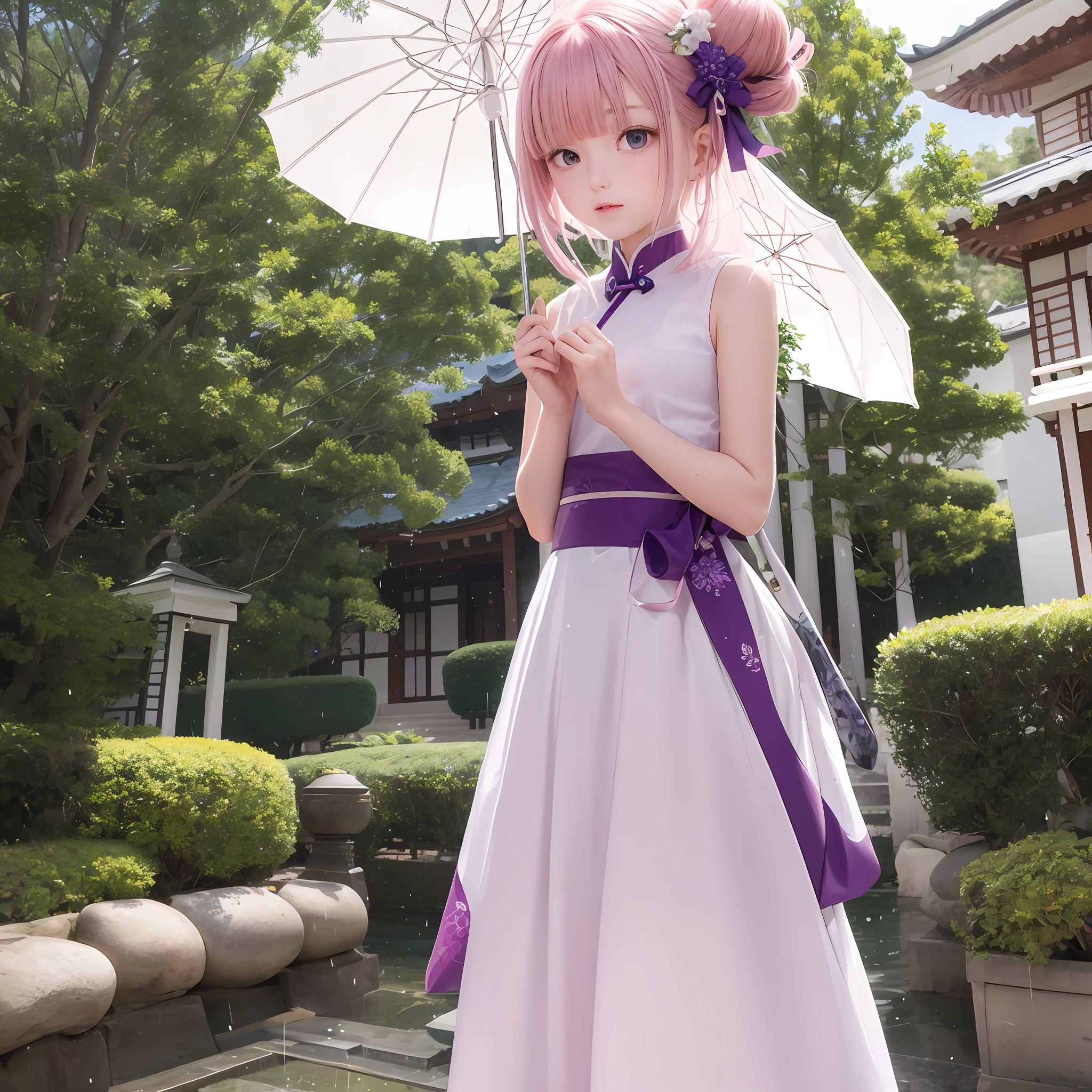 The upper part of the body、女の子1人、A pink-haired、Bun hair、mansion、Purple Eye、qipao dress、off shoulders、Holding a parasol、Japan anime-style odd-eye, rain falling