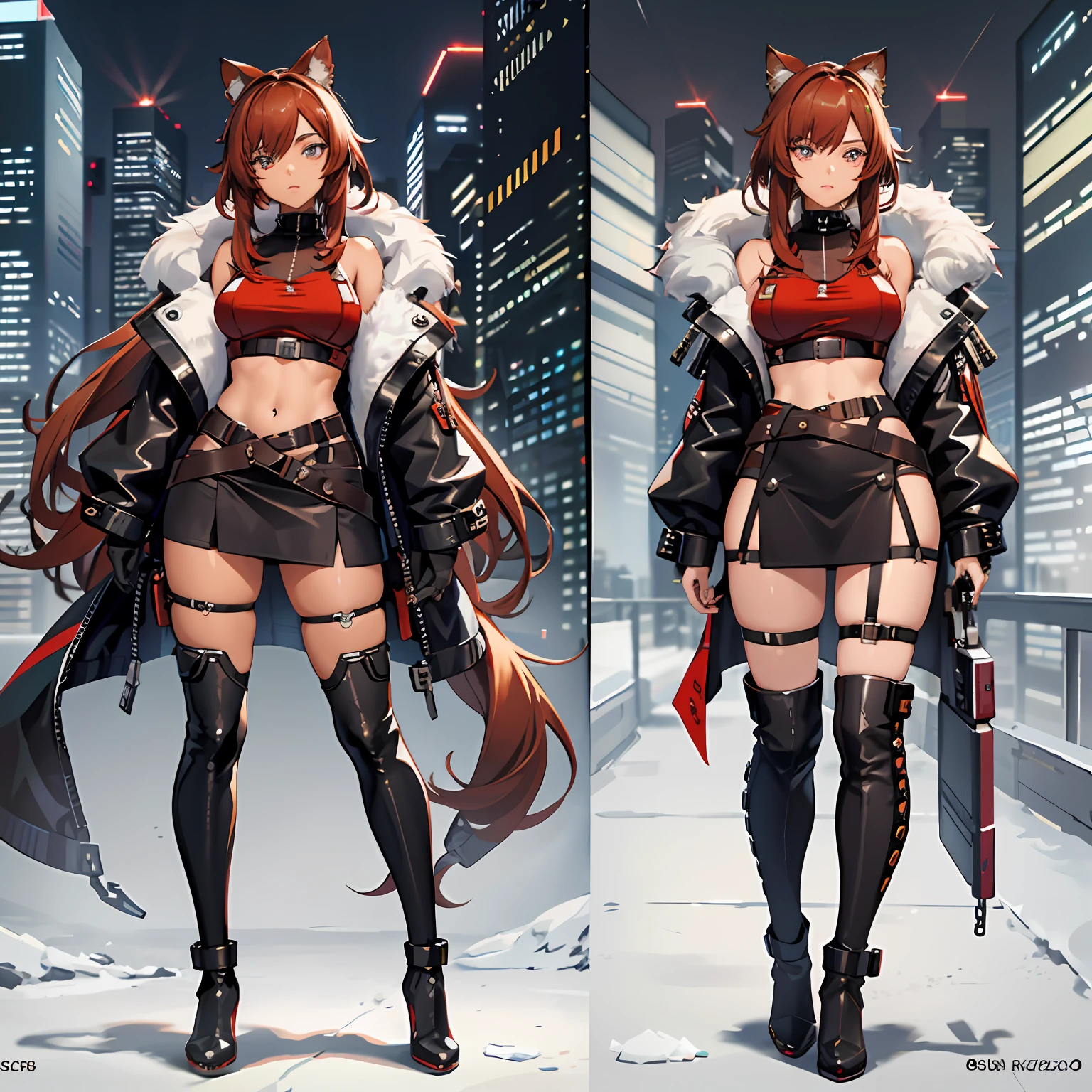 full body reference, fullbody shot, zoom out, female character with chocolate brown skin and ginger red hair, she has long wavy hair that is ginger red, she has grey colored eyes, she looks mature and older, she is wearing a cyberpunk skirt with thigh high stockings, thigh boots, high heels, straps, combat ready, she is also wearing a crop top and fur jacket, she is wearing silver jewelry, she has brown skin, deep brown skin, cyberpunk aesthetic, cyberpunk, techware, skirt, fashion, lots of straps on the outfit, futuristic outfit, sexy, female cyberpunk anime black girl, cyberpunk 3 0 y. o model girl, outfit reference, turnaround sheet