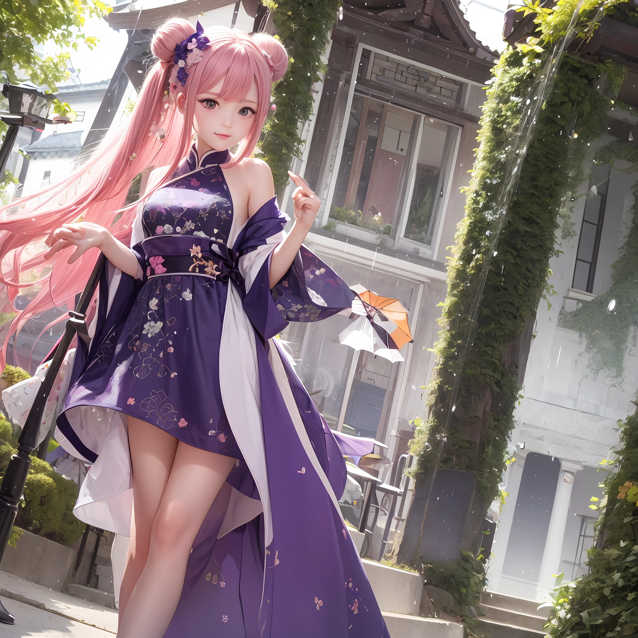 The upper part of the body、女の子1人、A pink-haired、Bun hair、mansion、Purple Eye、qipao dress、off shoulders、Holding a parasol、Japan anime-style odd-eye, rain falling