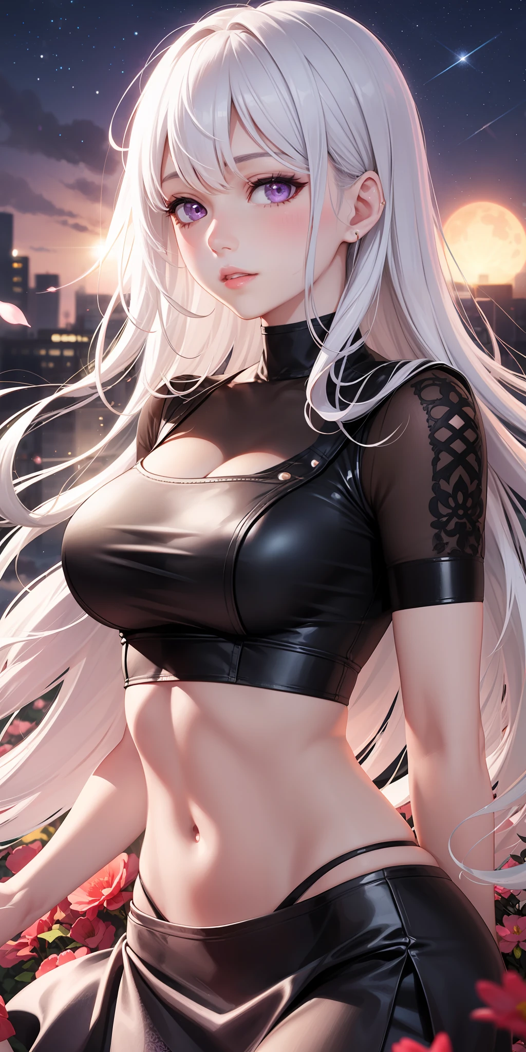 realistic, 1girl, white hair, purple eyes, glowing eyes, crop top, skirt, parted lips, blush, night, flowers, sun, sunlight,