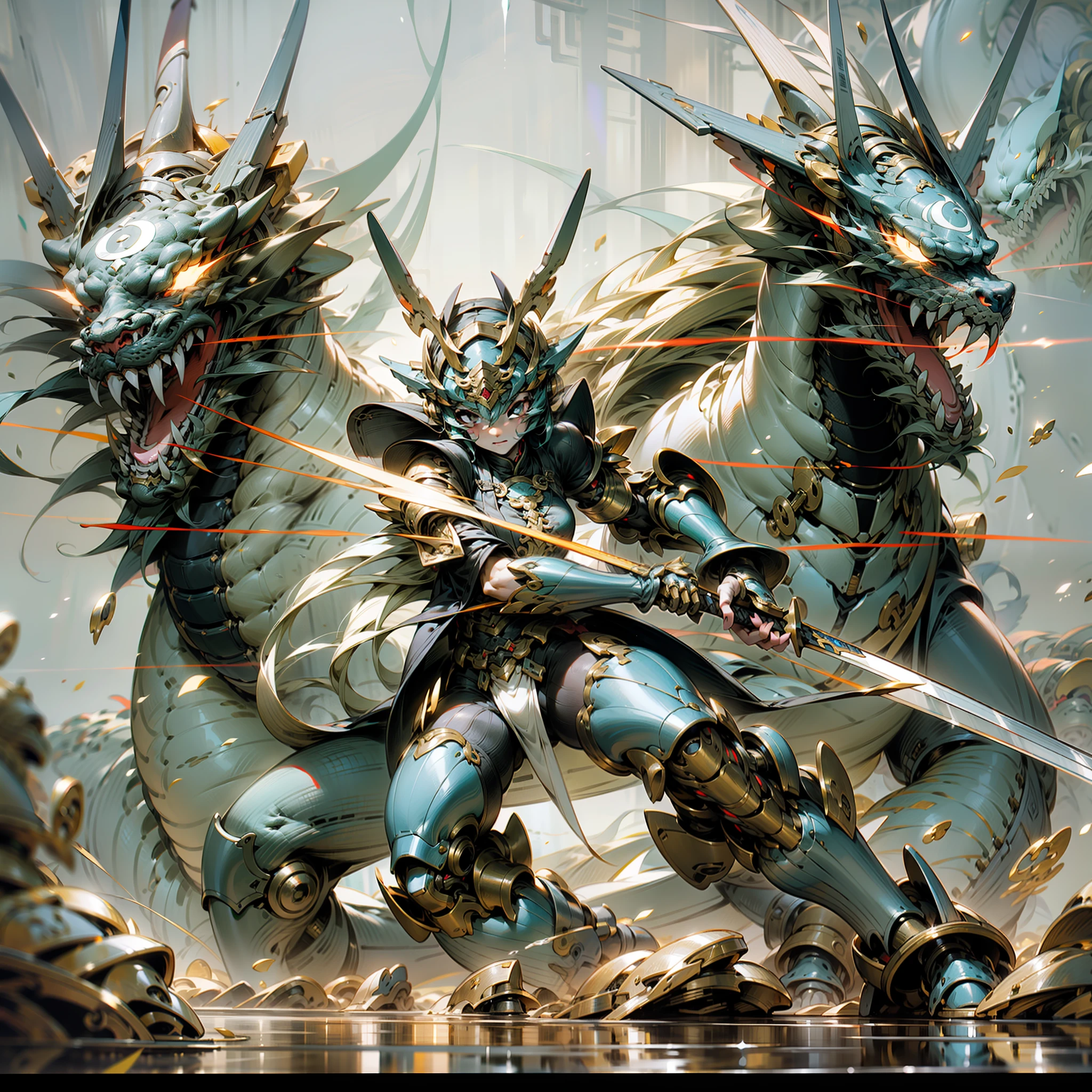 Silvertone,Purple and gold are the main colors,(Tall mech:1.6),Amber gradient,(Use the plasma sword:1.3),There is a dragon particle effect,(taichi,Chinese Yin and Yang Bagua Five Elements:1.2),Armored chinoiserie,mechs,Up,Transformers,droid,Machine armour wind,mechanical sense,sense of strength,Sense of space,combats,The prominent structure is reasonable,Battle instant,4K,High quality,Masterpieces,(of a real:1.4),drak,chinesedragon,afterimage,rich colours,China-style,Don Dao,obsidian,General flame,A small amount of water flow,Highest quality,There is very little hair,The background is ancient Chinese science fiction architecture,The body is well structured,Conforms to the anatomy,A small number of details are put together,Ray traching,NVIDIA RTX,Hyper-Resolution,Unreal 5,Subsurface scattering、PBR Texture、post-proces、Anisotropy Filtering、depth of fields、maximum definition and sharpness、Many-Layer Textures、Albedo e mapas Speculares、Surface coloring、Accurate simulation of light-material interactions、perfectly proportions、rendering by octane、Two-colored light、largeaperture、Low ISO、White balance、the rule of thirds、8K raw data、(chinesedragon,Dragon:1.2)(Heavy armor:1.4),purpleish color,blue colors,Fully mechanized,Industrial wind,Military,Heavy industry