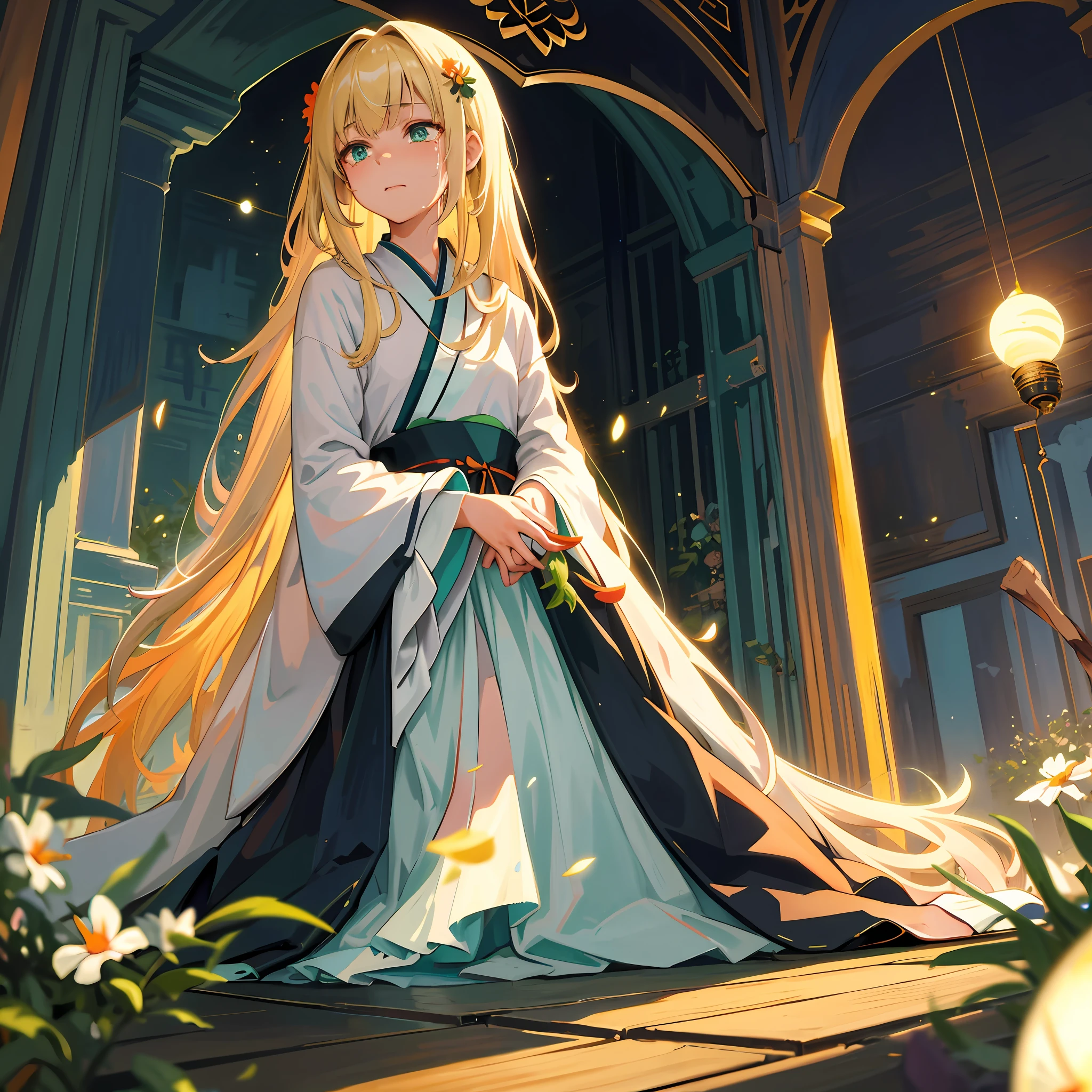 Masterpiece,best quality, depth of field, cosmos , binary moon 1girl , kneeling down, from below , crying, sitting, blonde hair ,green eyes , mystical clothes, hanfu , obi ,