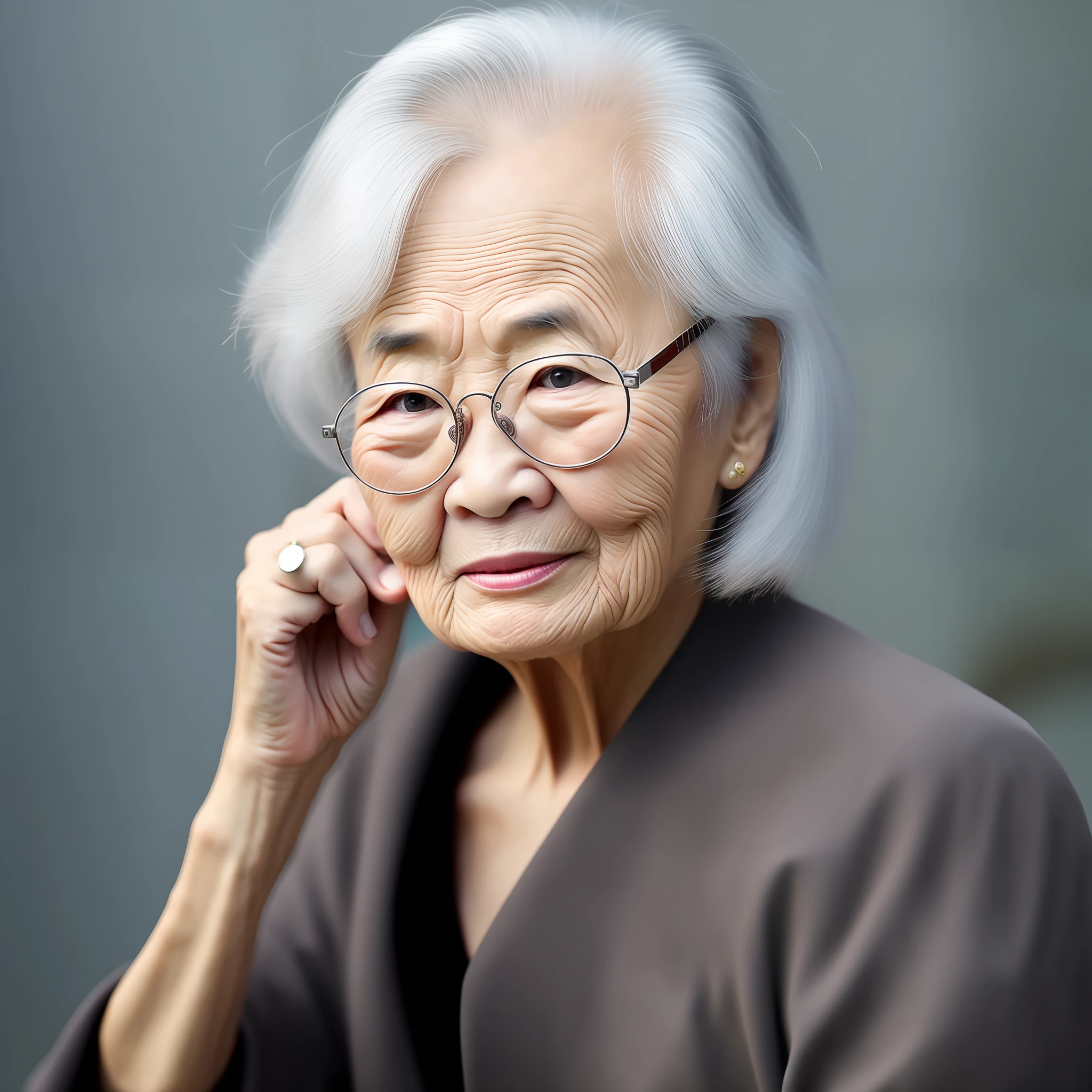 83 year old Vietnamese beautiful woman、Old silver-rimmed round glasses look good、Know、Leader of rebel organizations、Small in stature、Gray hair is beautiful、close to silver-haired