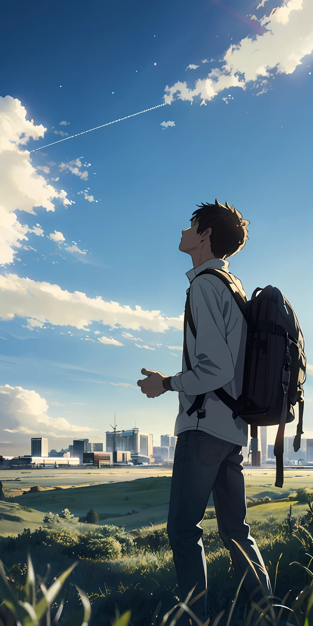 The vast sky,the beautiful skyline,Large grasslands,Intense and dramatic imagery,the moving visual effects,the high-hanging Polaris,Colorful natural light。A long-sleeved top,denim pant,Young man with backpack on his back。(Back Shadow),Look up from the bottom up。