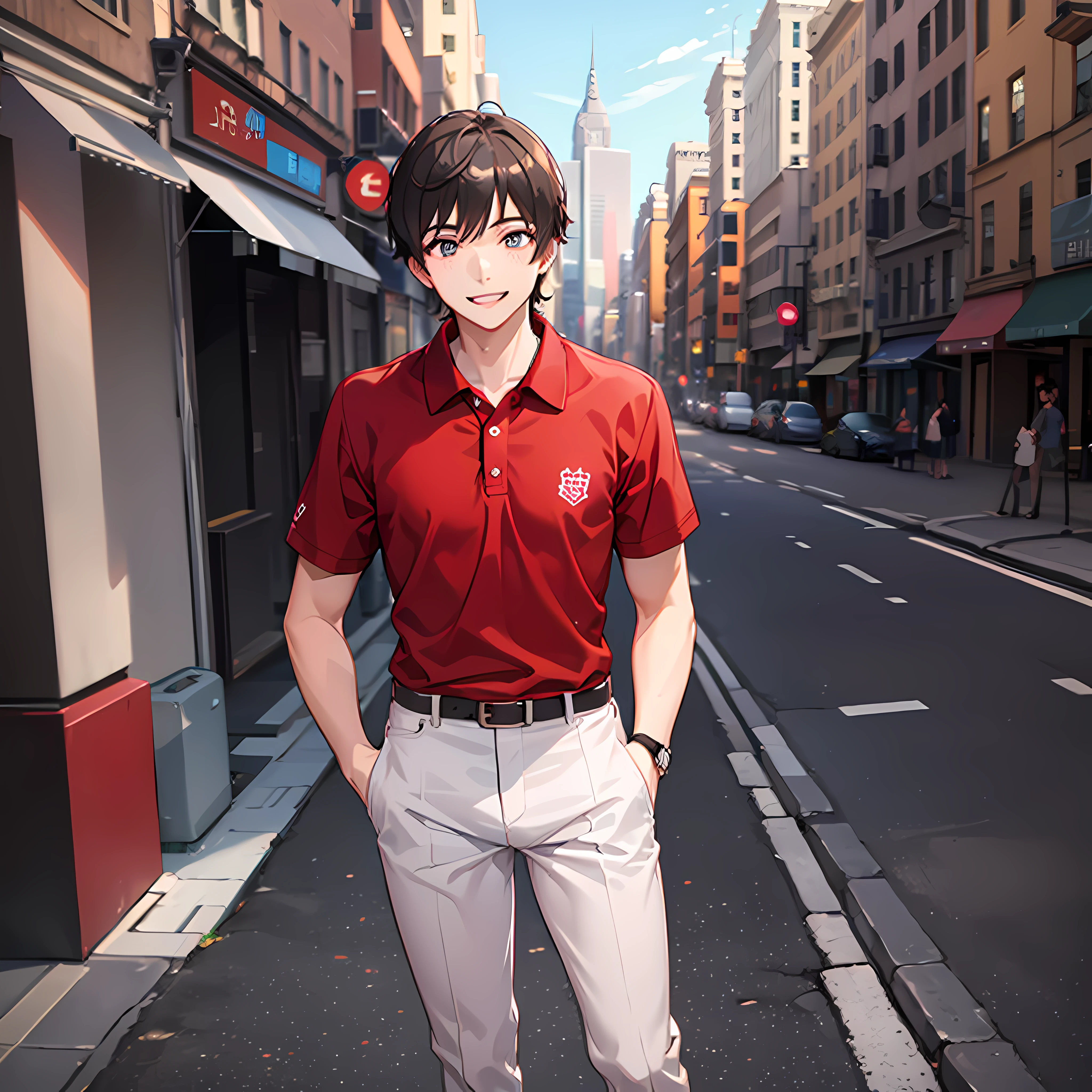 masuter piece, 独奏, red polo shirt, Young man with a refreshing smile, red polo shirt, Beautiful sunlight, Fine expression, dynamic ungle, twinks, Background in the city, Stand up straight