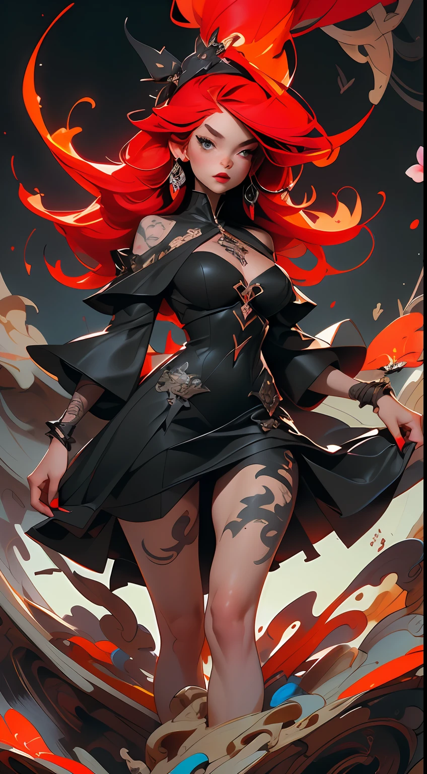 ((Best Quality)), ((Masterpiece)), ((Reality)) and a hyper-detailed photography with a gothic girl. She has ((fiery red hair)), wears a black dress next to floating flowers, flames, black witches, exudes an atmosphere ((beautiful and beautiful)), big breasts, sexy