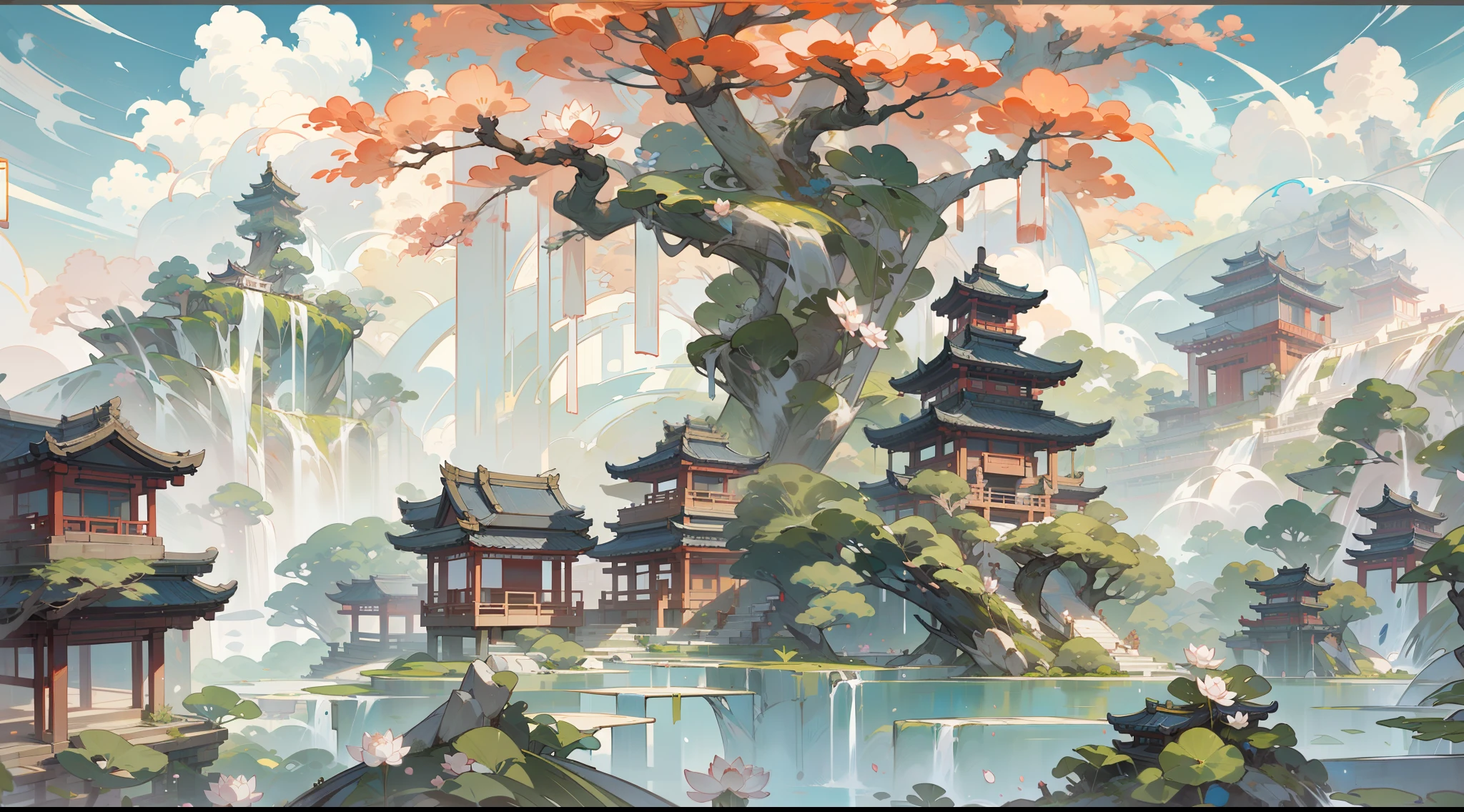 Antique game scene design，big trees，florals，Lotus architecture，Floating table，surrounded by cloud，A blue sky，White cloud，Chinese ink painting OC rendering sculpture