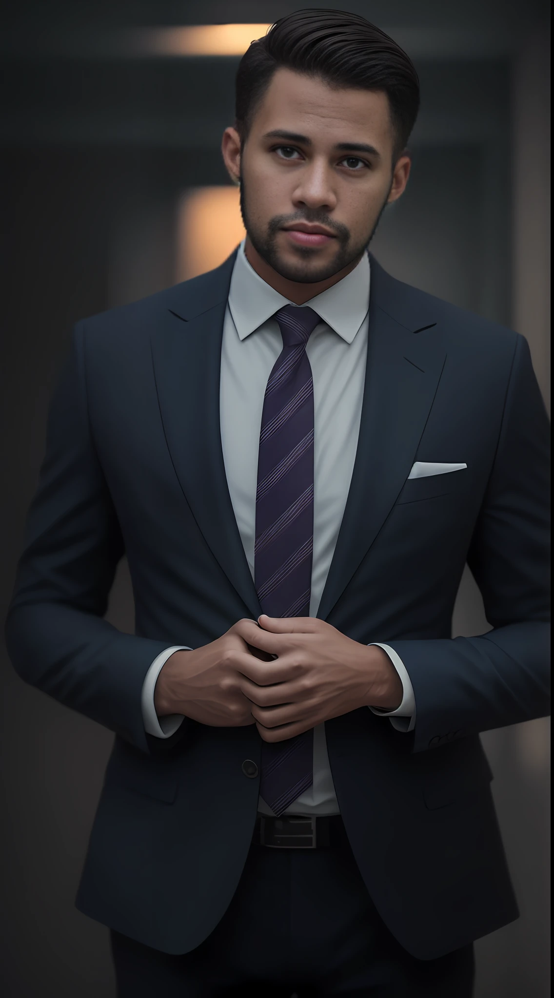 a Man standing with 30 years in suit and tie, body and head straight in the photo, DSRL, facing the viewer of the photo, eyes fixed to the lens, appears shoulders and head in the photo, man centered in the photo, 8k, best quality, masterpiece, realistic, realistic photo, movie photo, ultra realistic, 1 person, detailed,  Perfect lighting, DSRL, professional photo, 4k
