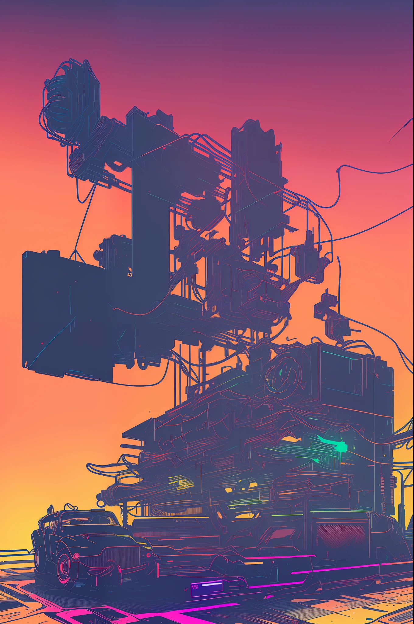 (nvinkpunk:1.2) SNTHWVE Style Motorcycle, Light Wave, Sunset, Convoluted, Very detailed