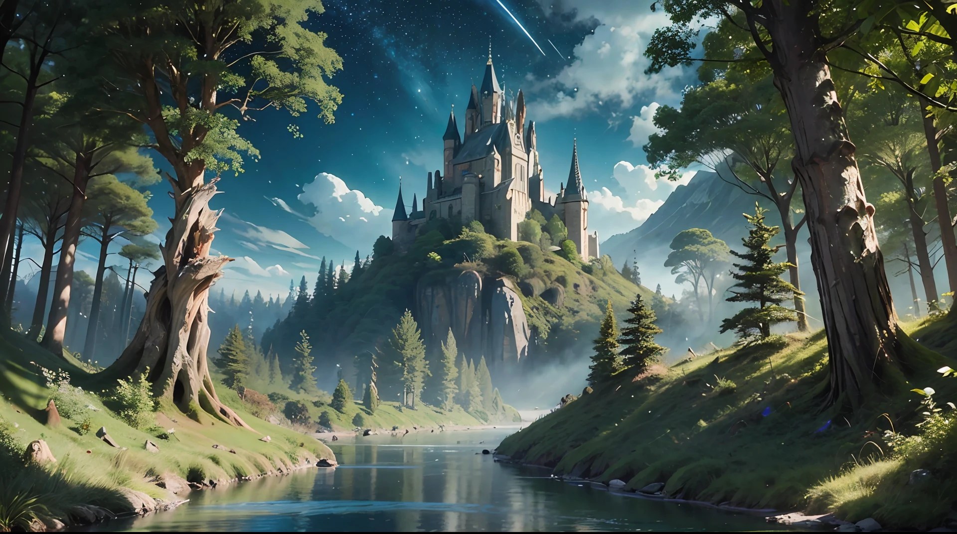 Illustration of a surreal, otherworldly, hyper sky scene including a giant crystal tree full body, highly detailed and magical lighting, intricate forest details, vegetation and surrounding river, solar punk, landscape, giant tree , beautiful green leaves, beautiful lighting and realistic proportions, as if this is a movie background, 8k, highest quality, masterpiece, clouds and stars in the sky.