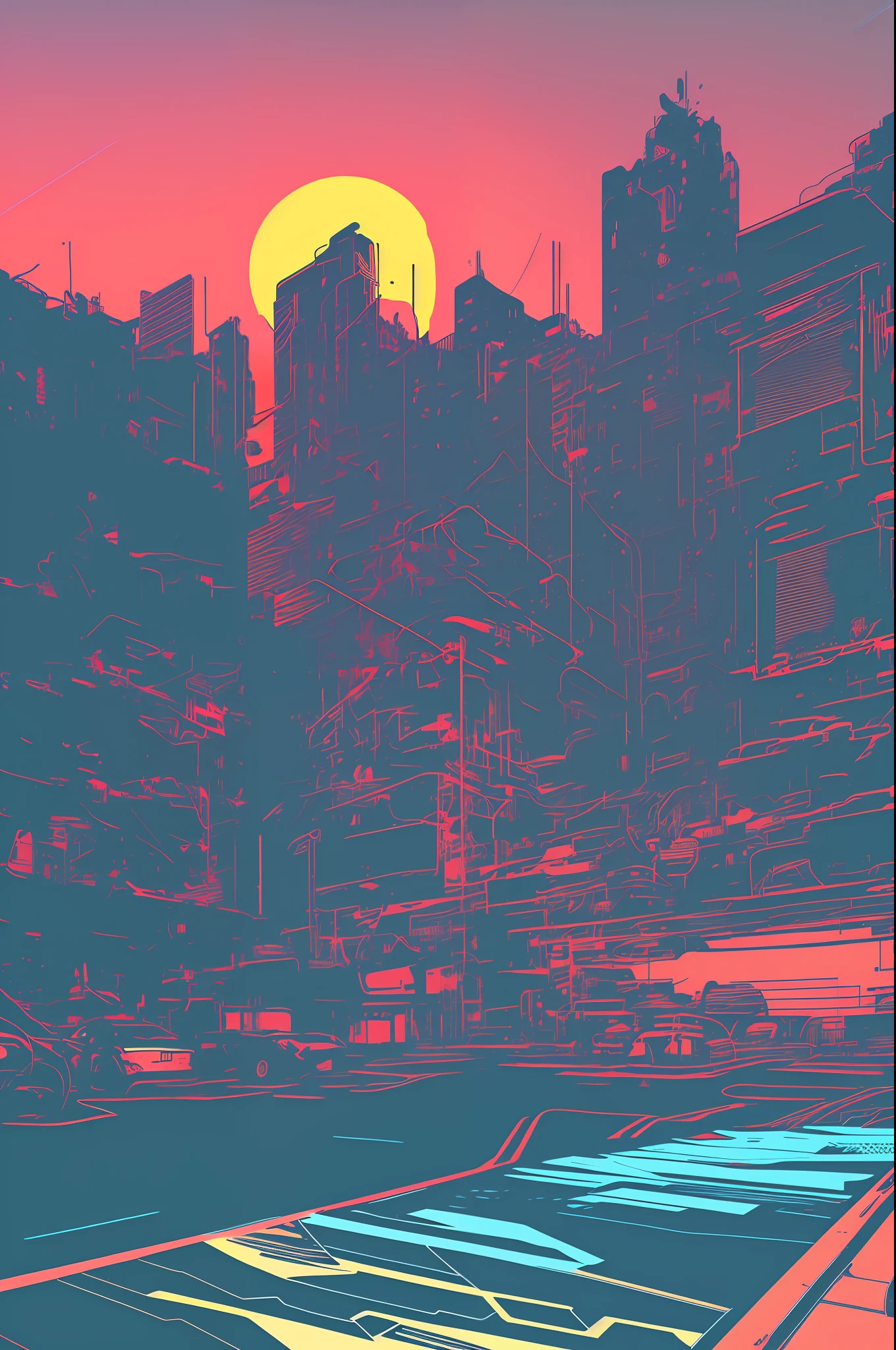 (nvinkpunk:1.2) SNTHWVE Style Motorcycle, Light Wave, Sunset, Convoluted, Very detailed