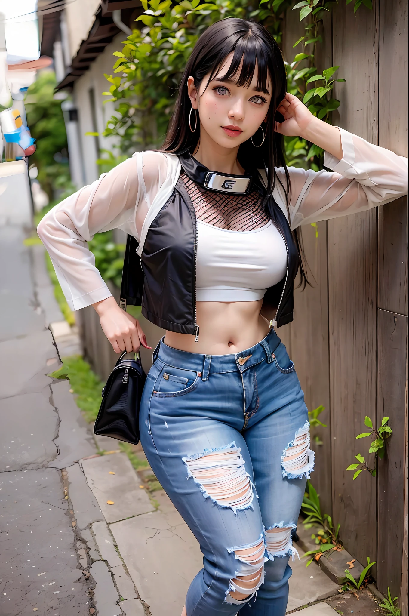 (Hinata Hyuga, muito sensual, com roupas de funkeira, brasileira, rio de janeiro, dancing funk, rebolando, bunda grande, usando um short jeans curto, usando uma mini blusa, umbigo com pirsing, sneakers Nike, cabelo grande, Speaker behind, muito realista, extremamente sexy, 8k, 8k extremamente detalhado), (um extremamente delicado e bonito), (obra-prima), (melhor qualidade: 1.0), (ultra highres:1.0)