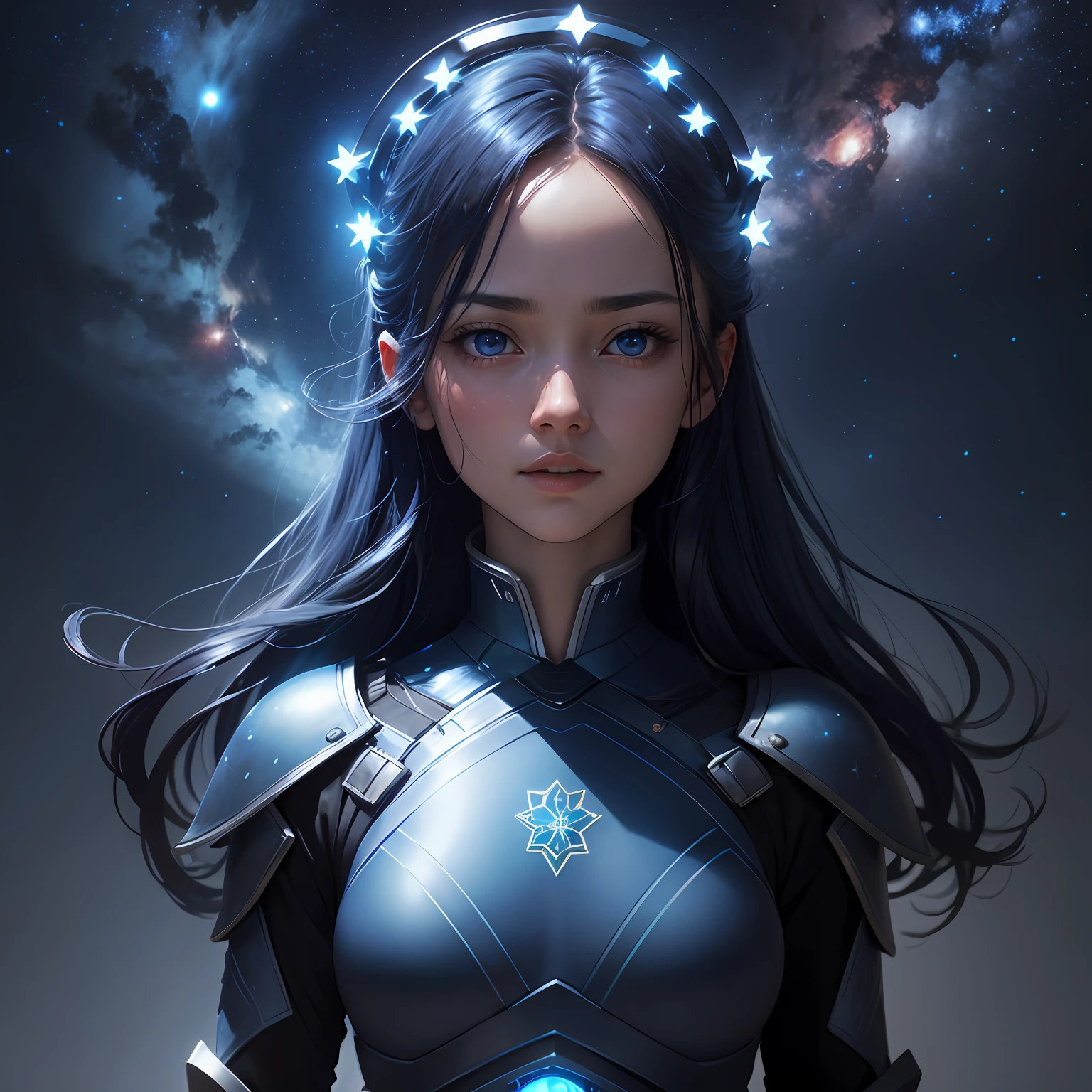The blue starry sky is deep,Red and blue ambient light,Blue bottle blue glow,Sense of line,Large background HD of the background、rendering、4k、kosmos、high saturated,Halos fill the frame,There are blue rays、No characters、No IP image、Individual scene pictures、Sci-fi blockbuster --auto