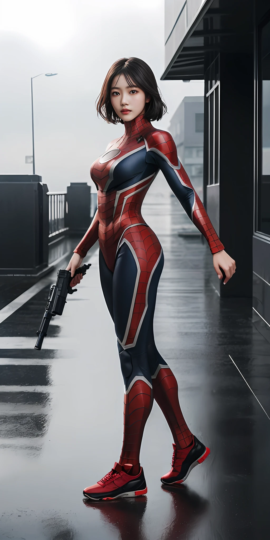 ChineseGirl（1girll：1.3）， （holding a gun in her hand：1.8）,The gun is complete，byself， （（（very vey very detailed face））），（（（very detailed eyes and faces））），（Beautiful and cold face：1.2），Revenge emoticon，short detailed hair（black in color：1.3），tightsuit，（Muscle lines are pronounced），beatiful detailed eyes，Body parts__，offcial art，Unified 8k wallpaper，ultra - detailed，Beautiful and beautiful， beautiful，tmasterpiece，best qualtiy，primitive，tmasterpiece，ultra fine photos，best qualtiy，超高分辨率，photorealistic realism，rays of sunshine（The background is sunlight），full-body portraits（Raised ：1.3），stunningly beautiful，dynamicposes，delicated face，Vibrant eyes，（From the front side）， she is in a spider-man suit，Red and black color scheme，Very detailed city roof background， 详细的脸（Side lighting：1.2），Busy street background，opulent，milkyW，（（（Absolutely perfect body proportions））），highly detailedskin，Realistic details of skin，Visible pores，Clear focus，volume fog，Rained，Drenched，8K  UHD，digital SLR camera，high qulity，filmgrain，White skin of the（Delicate and smooth：1.2），Highlight portrait，Portrait magnification，photorealestic，photo-realism，heroism，（Full body appearance：1.3）