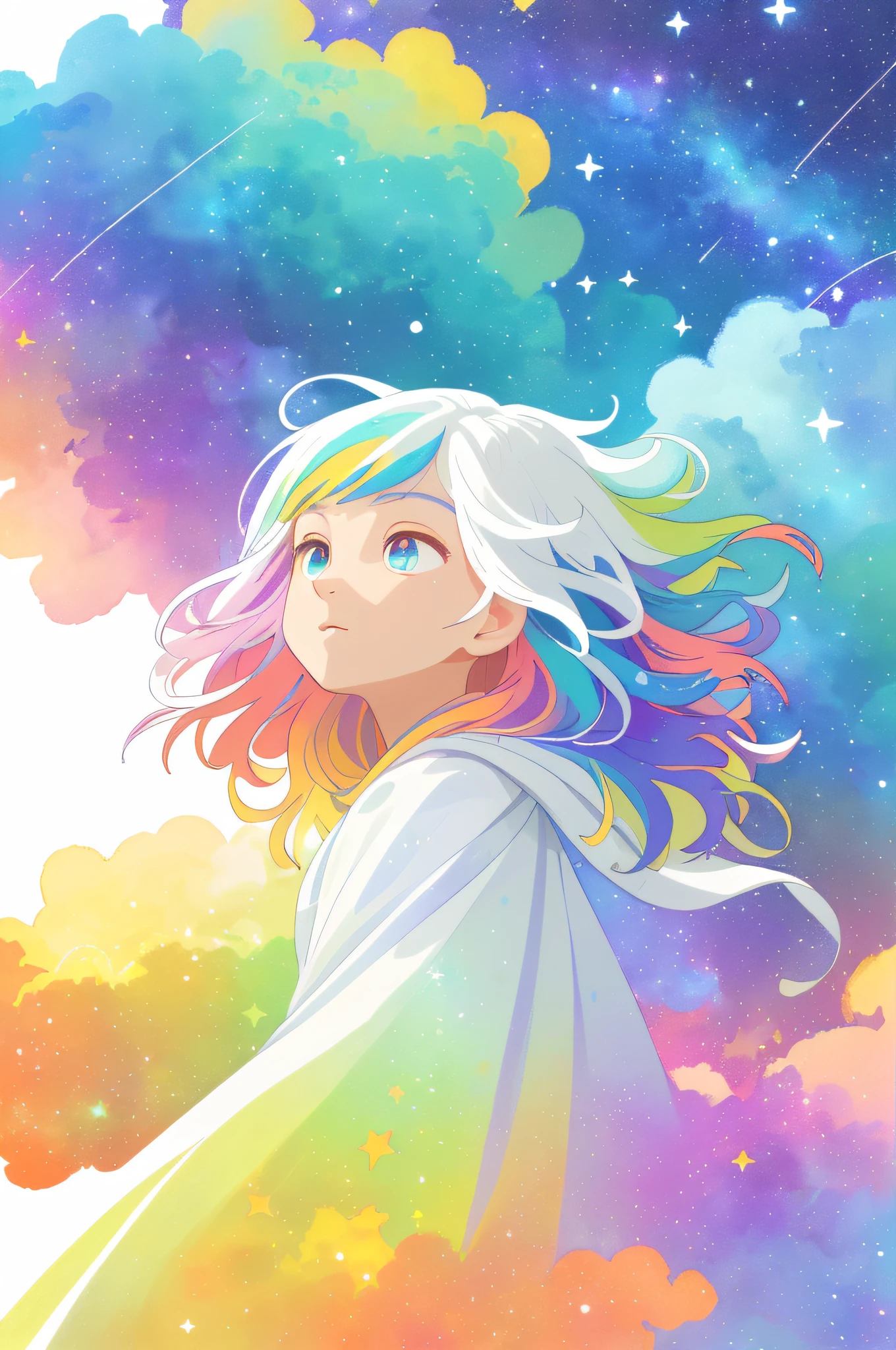 ((masterpiece)), (((best quality))), ((ultra-detailed)), ((illustration)),[realism light effect],shadow,(Fantasy style),(white background:1.6), simple background, (earth theme),(a cloak)[(hair focus,((1girl)),[(big slime hair): (cloud hair):0.3], (hair on background),(high saturation),(hair surrounded by galaxy splashes),)):((her hair is becoming galaxy clouds,:1.27628), (hair and clothes is galaxy clouds and cluster of stars:1.1025),(a cloak is becoming galaxy clouds)(colorful_galaxy_print_clusters_of_stars_print:1.35),((detailed starry sky with colorful galaxy and galaxy clouds):1.2)):0.35], (((masterpiece))),(((best quality))),((ultra-detailed)),(illustration),(dynamic angle),((floating)),(paint),((disheveled hair)),((beautiful detailed face)),collar,bare shoulders, ((colorful hair)),((streaked hair)),beautiful detailed eyes,(Gradient color eyes),(((colorful eyes))),(((colorful background))),(((high saturation))),(((surrounded by colorful splashes))),(((surrounded by colorful dot))),colorful bubble,((shining)),