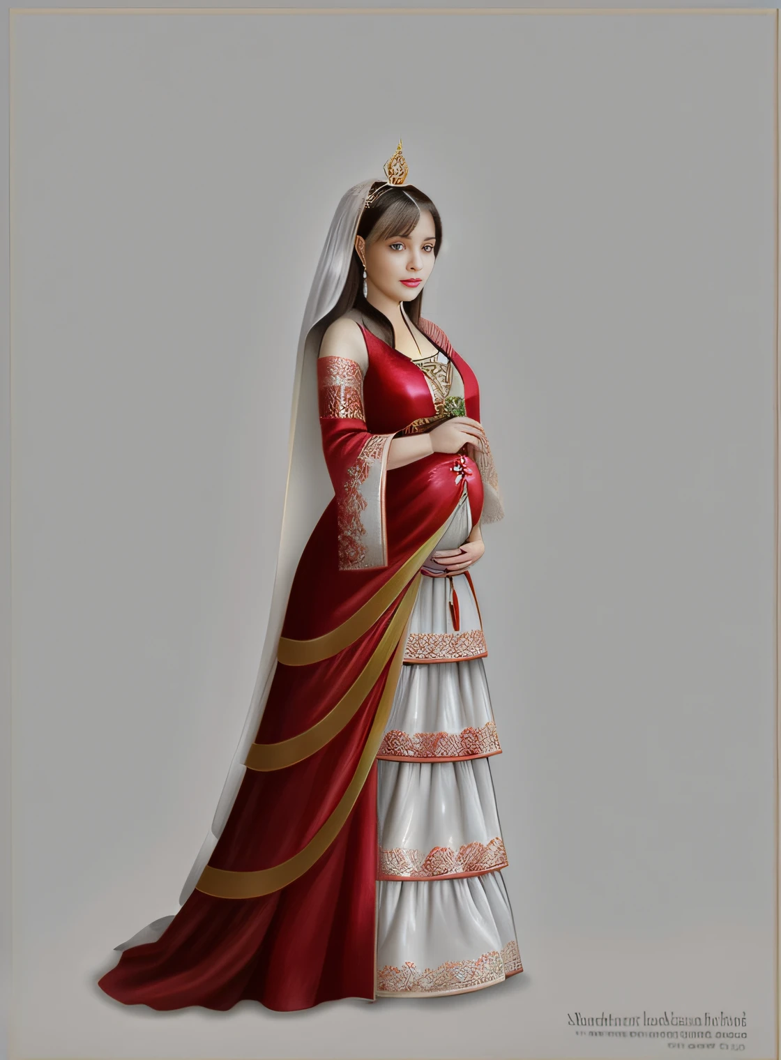 a woman in a red and white dress with a veil, arte conceitual medieval, render de mirabel madrigal, Princesa Libu antiga, princesa medieval, pregnant, roupas muito detalhadas e ricas, imperial real roupas elegantes, bela arte conceitual de corpo inteiro, vestidos com roupas romanas, roupas medievais, Vestido georgiano, Beautiful Rendering of the Tang Dynasty, inspirado em Altoon Sultan