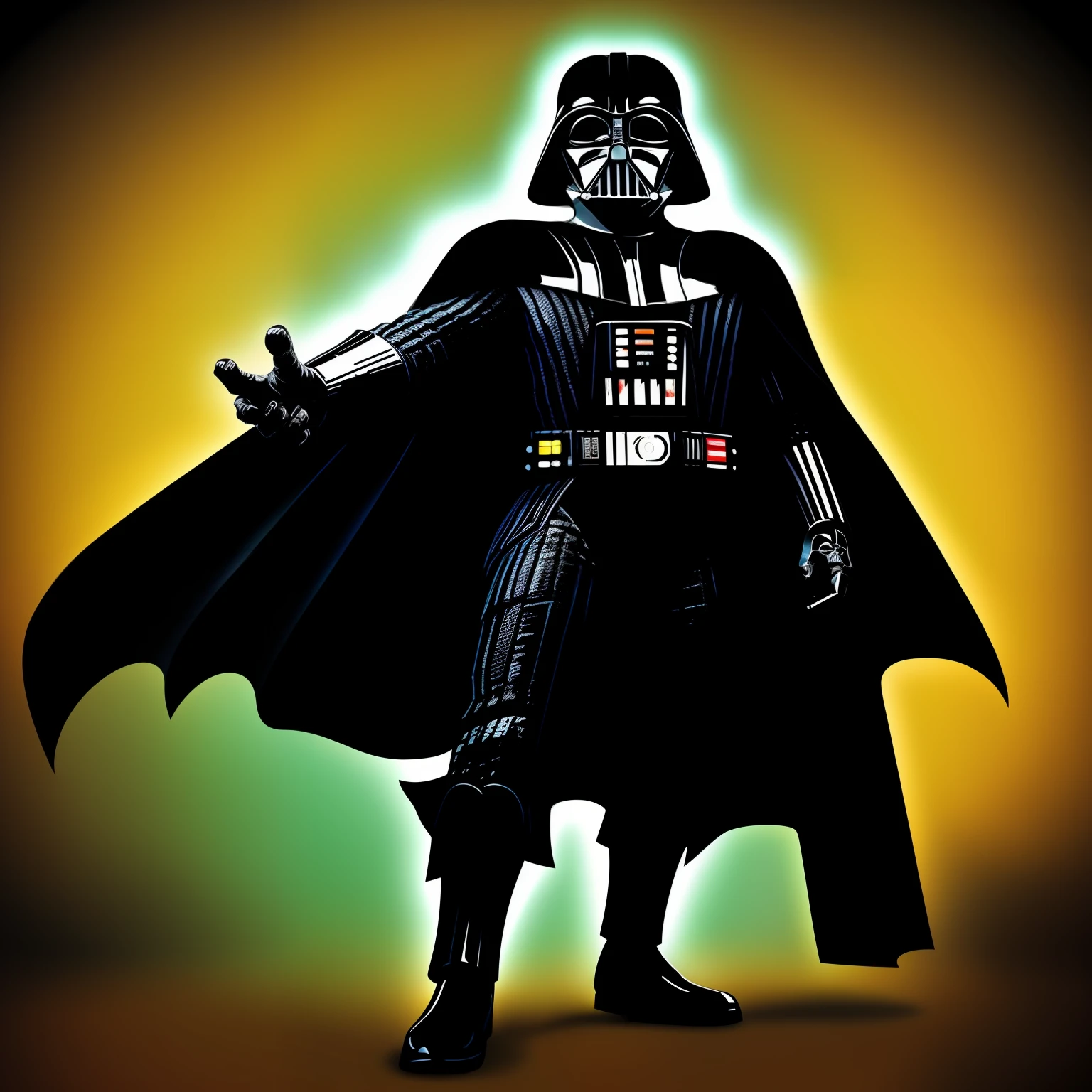 Macaco fantasiado de Darth Vader segurando um sabre de luz dourado