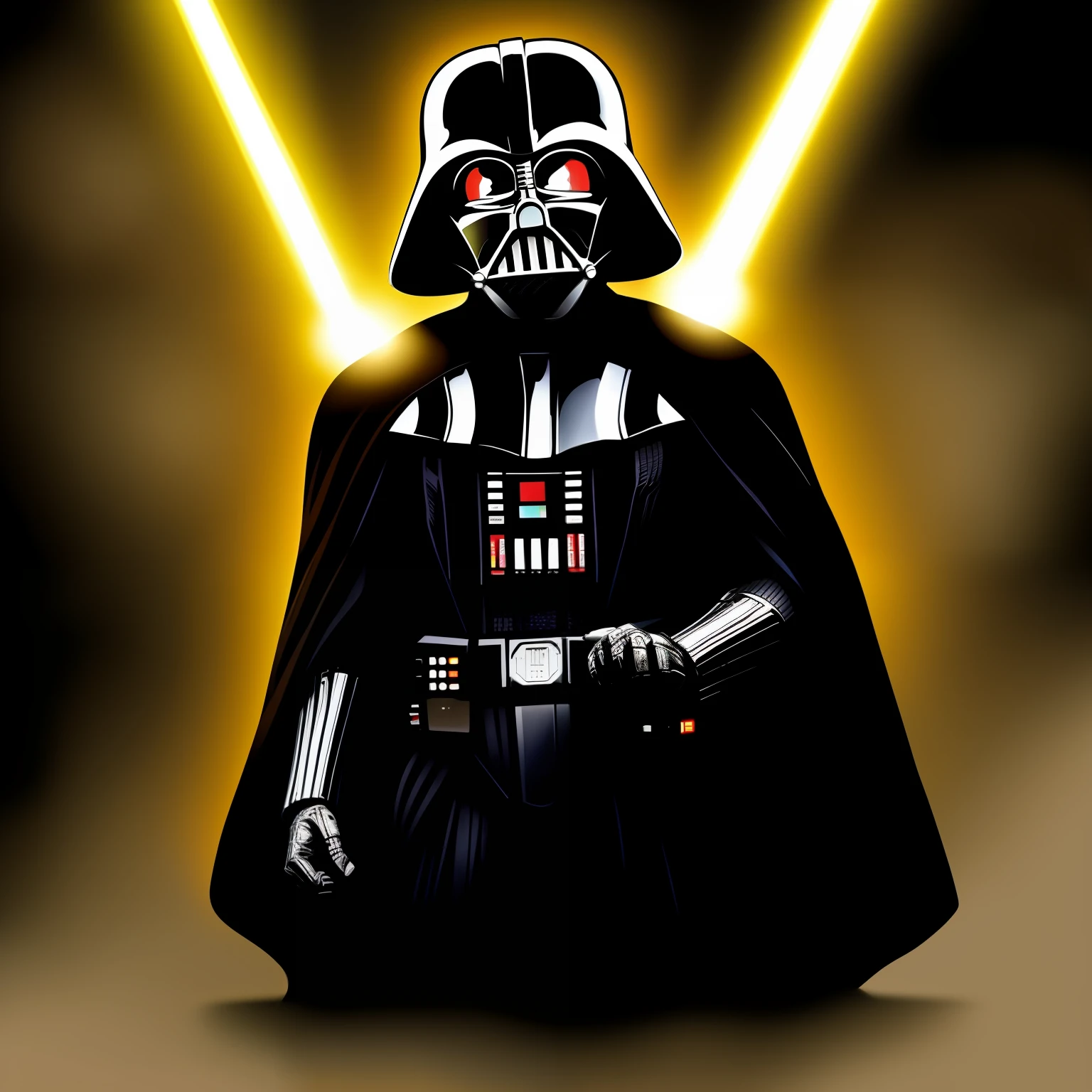 Macaco fantasiado de Darth Vader segurando um sabre de luz dourado