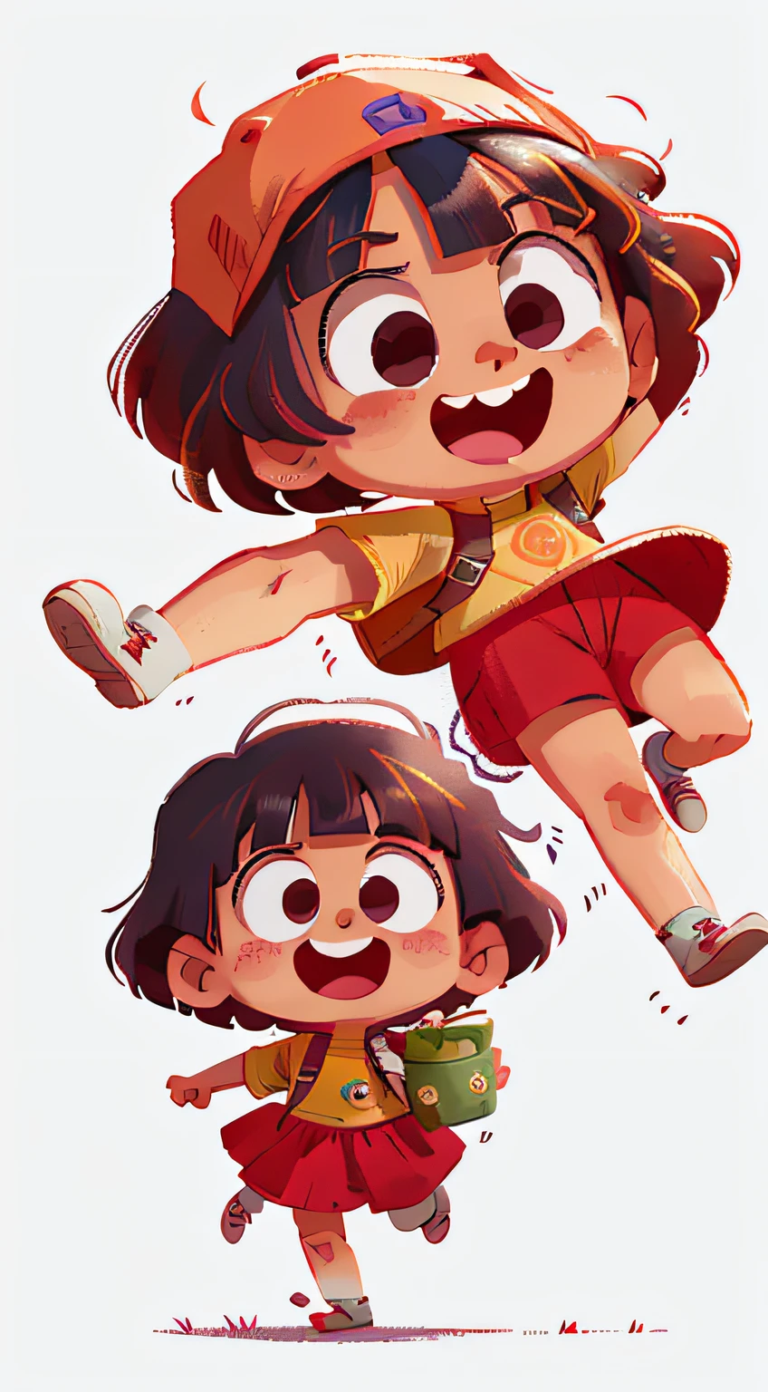 DORA THE EXPLORER, 8k, WHITE background, MULTIPLE happy poses and expression, red cloth, grey shoes
