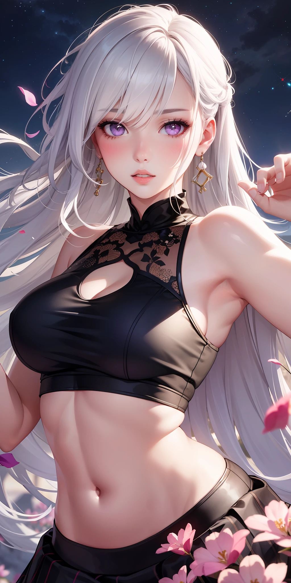 realistic, 1girl, white hair, purple eyes, glowing eyes, crop top, skirt, parted lips, blush, night, flowers, sun, sunlight,